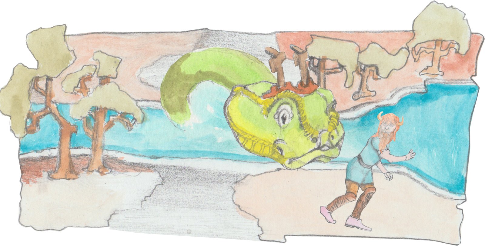 Great Horned Serpent sneaking out of pond on Bjorn.