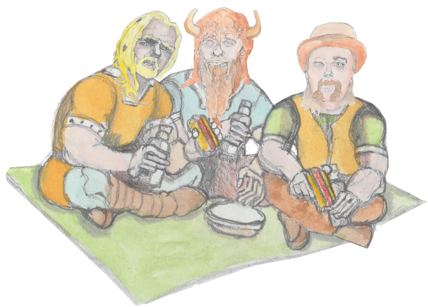 The guys sitting on a blanket eating hot dogs, popcorn, and drinking ale.