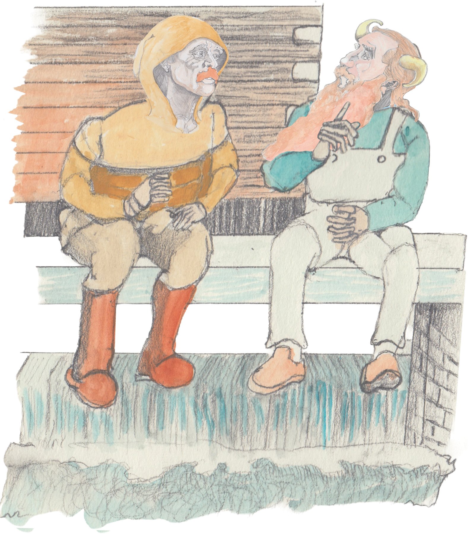 Gramps rubbing his beard looking at Karl on the bridge with brick pump house behind him.