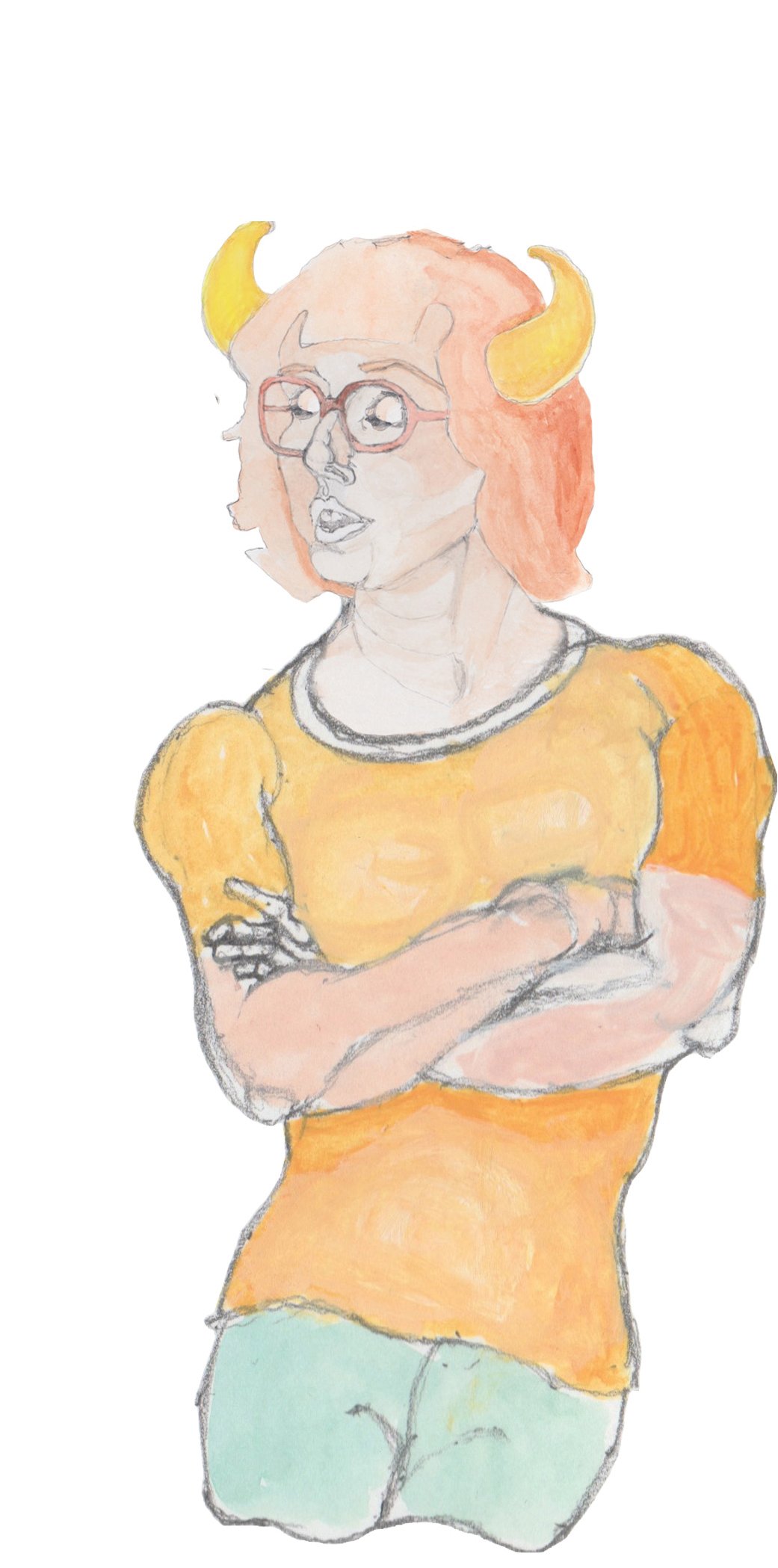 Angrboda with arms crossed looking to the side angry shifting into a solid reality version of herself.