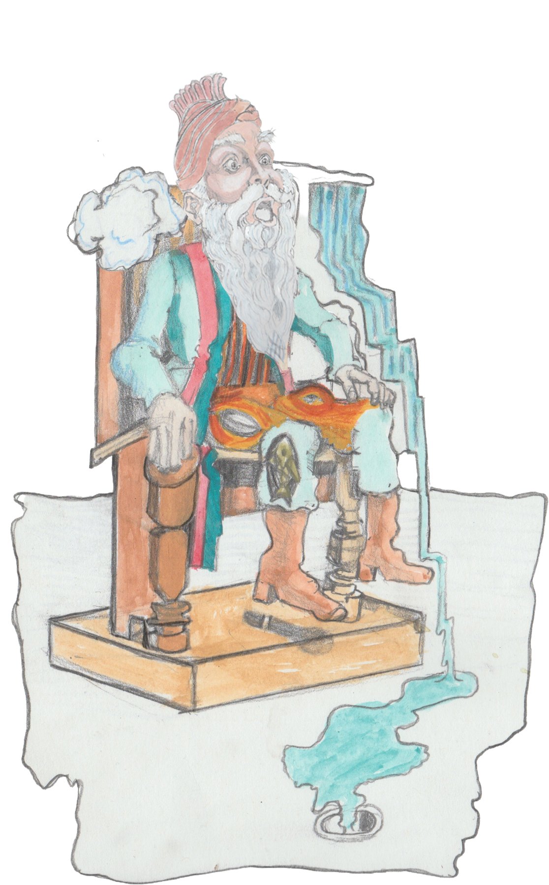 Enki sitting on his throne with a cloud popping out one ear and a river pouring out the other that is running down into a drain on the floor.