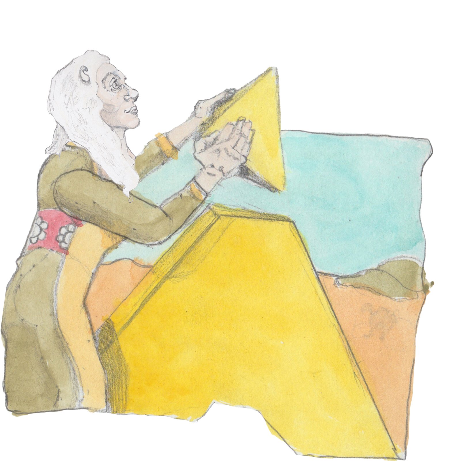 Grams placing the capstone on a pyramid.