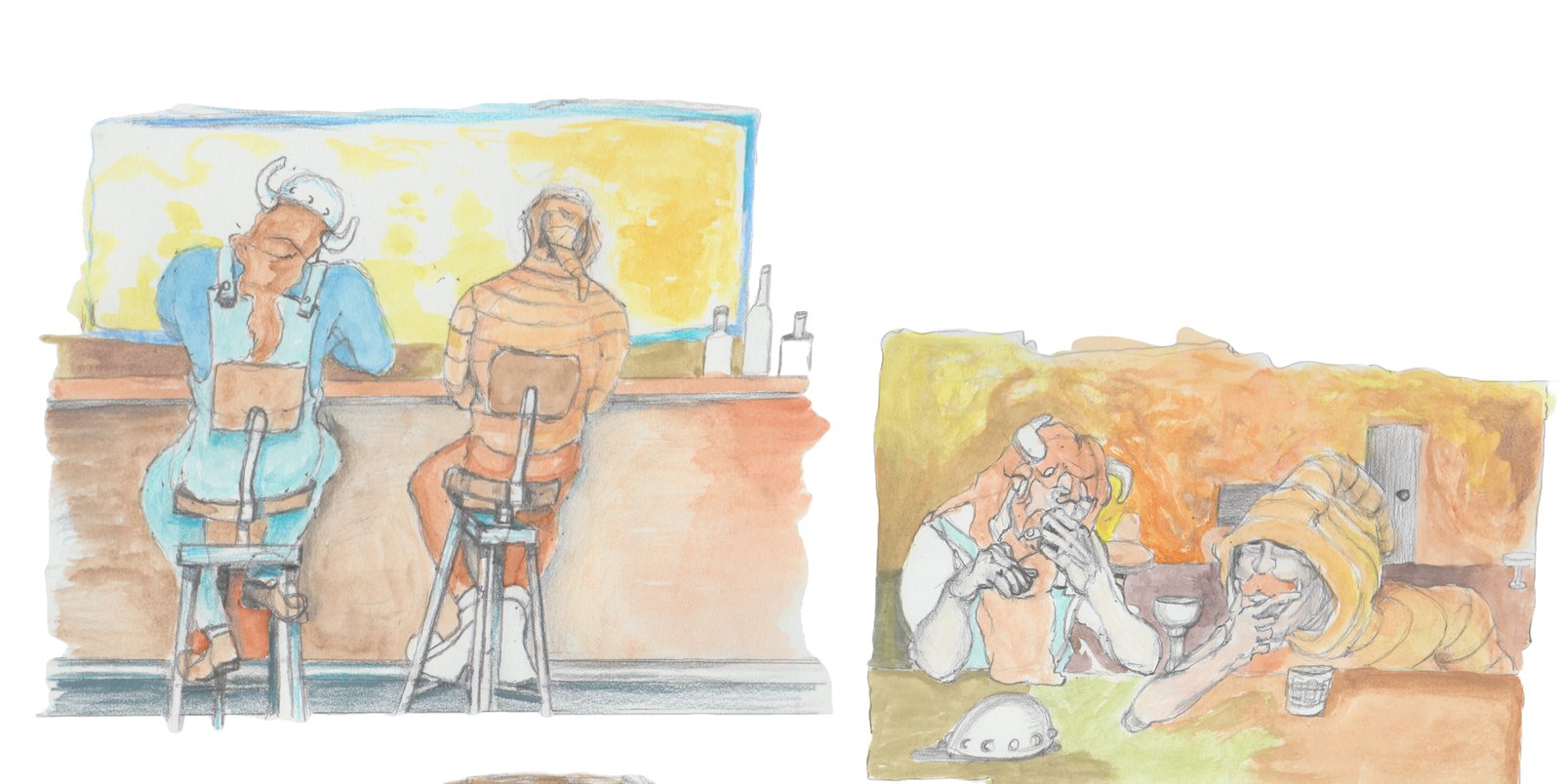 Two men sitting at the bar. One is wearing a Viking helmet with horns.