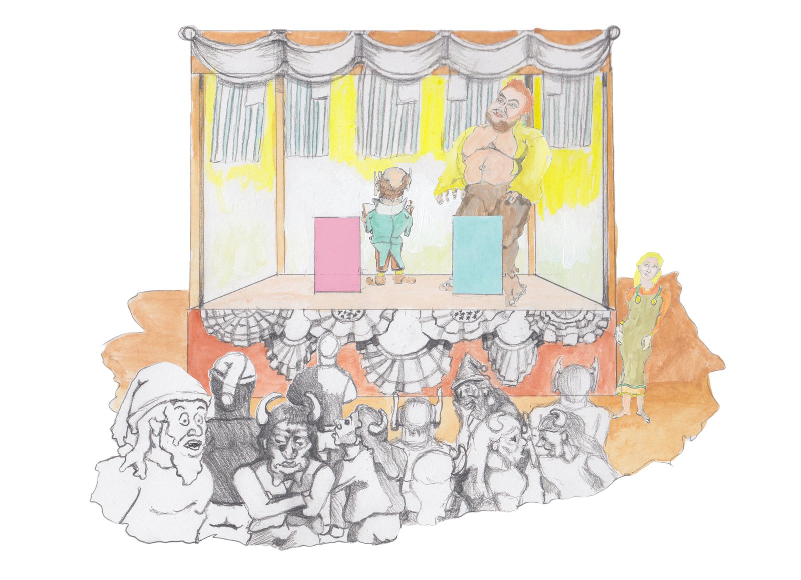 A Troll for the red party and a nisse for the blue on a stage draped in flags and bunting with a large crowd.
