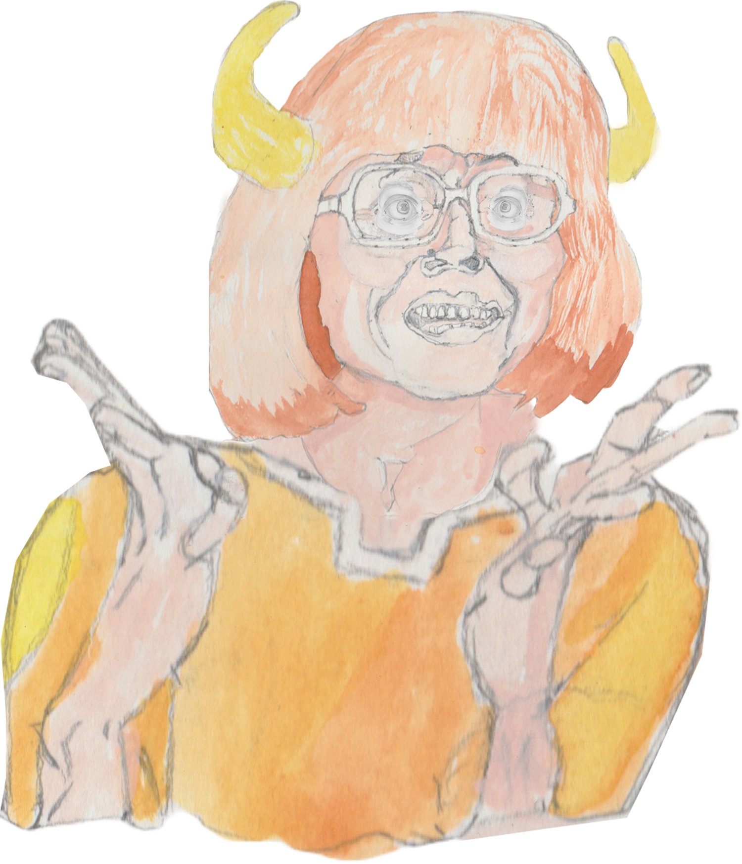 Angrboda frustrated with hands up next to face with eyes bulging and bearing teeth.