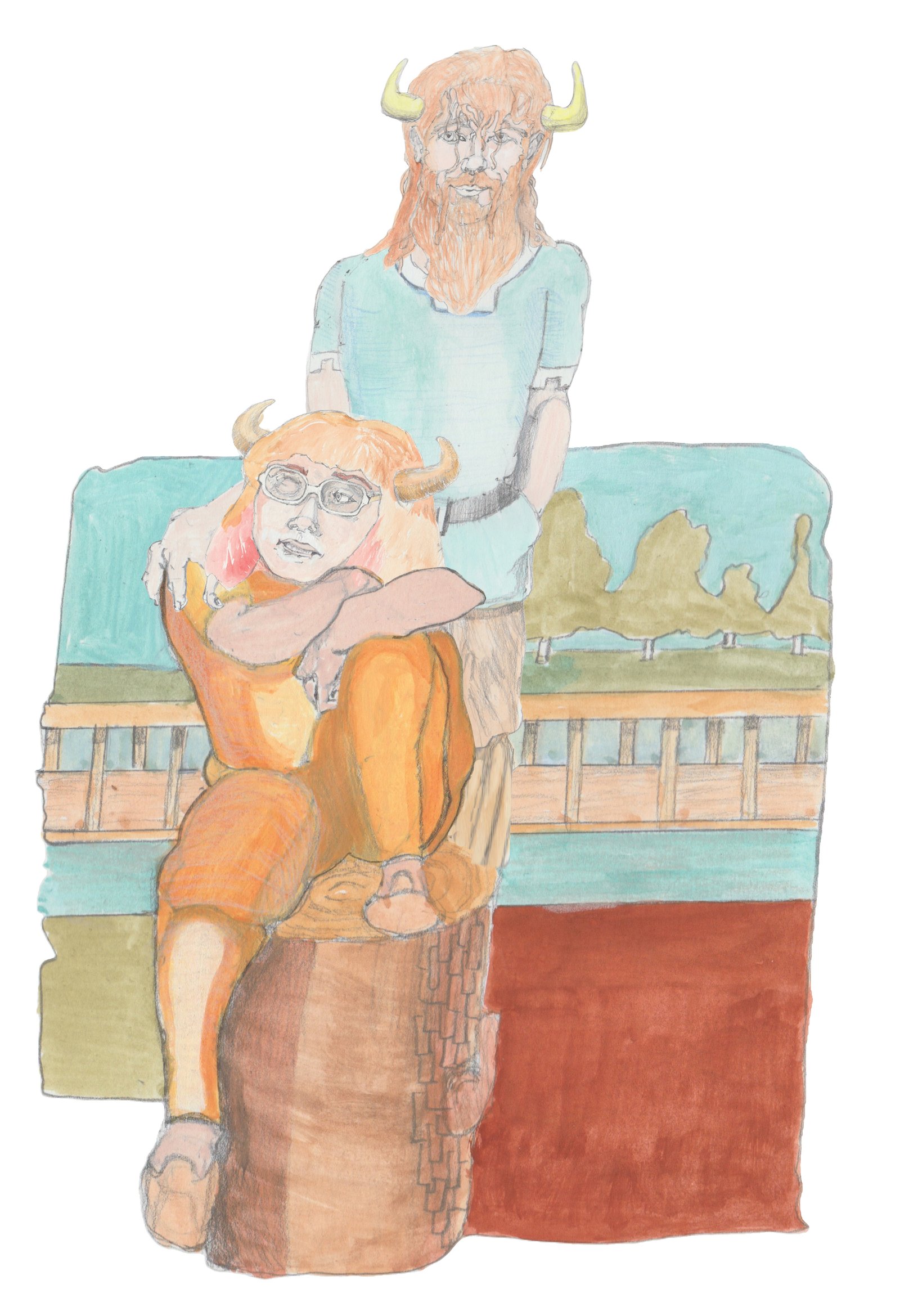 Bjorn behind Angrboda with hi hand on her shoulder as she sits on a log with one knee up and resting on it with the bridge and tree in background.