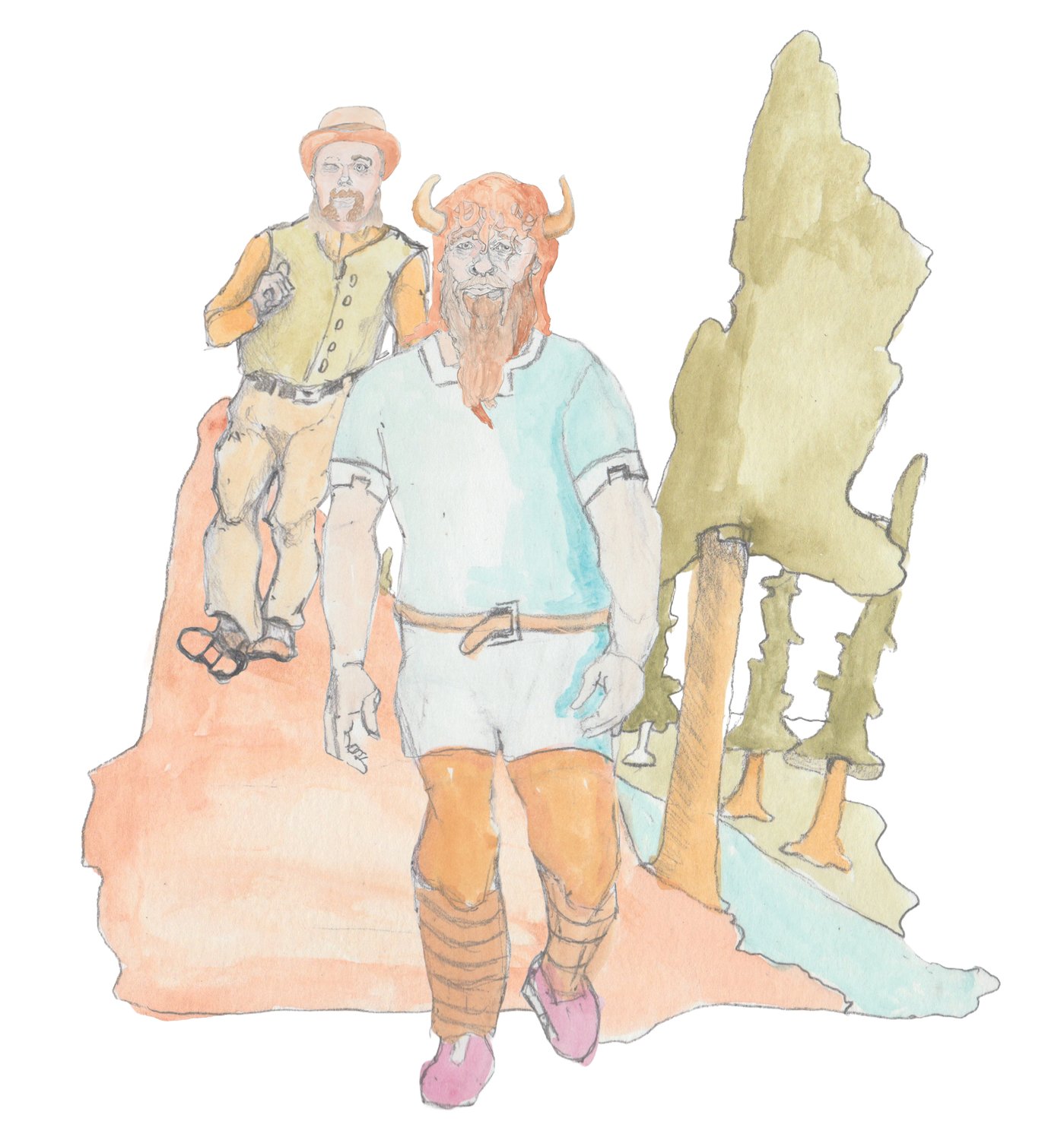 Bjorn and Hulton walking down hill with swamp on the side.