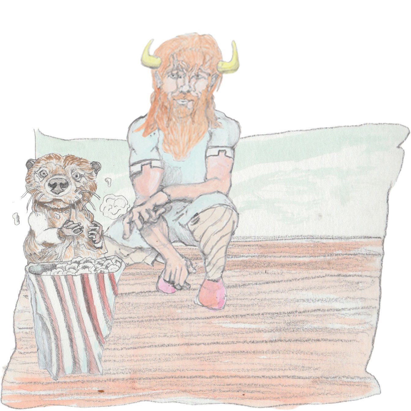 Bjorn and Otis the otter eating popcorn on the raft.