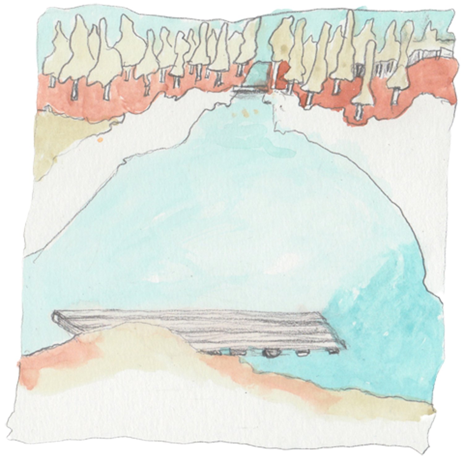 Looking down slope at raft on Boyscout Pond.