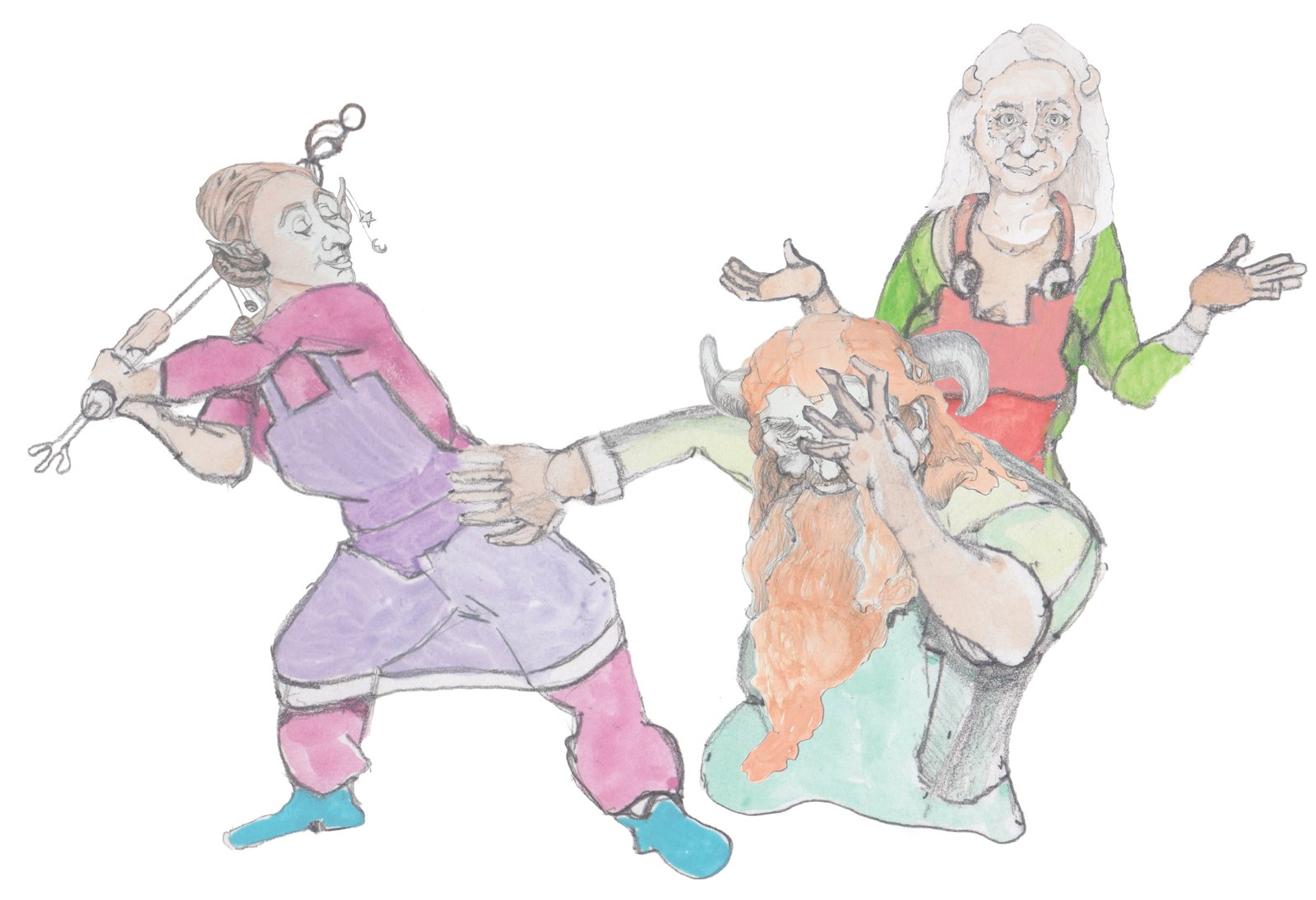 Bjorn getting hit by the love godess with her staff with hi sfuture wife watching.