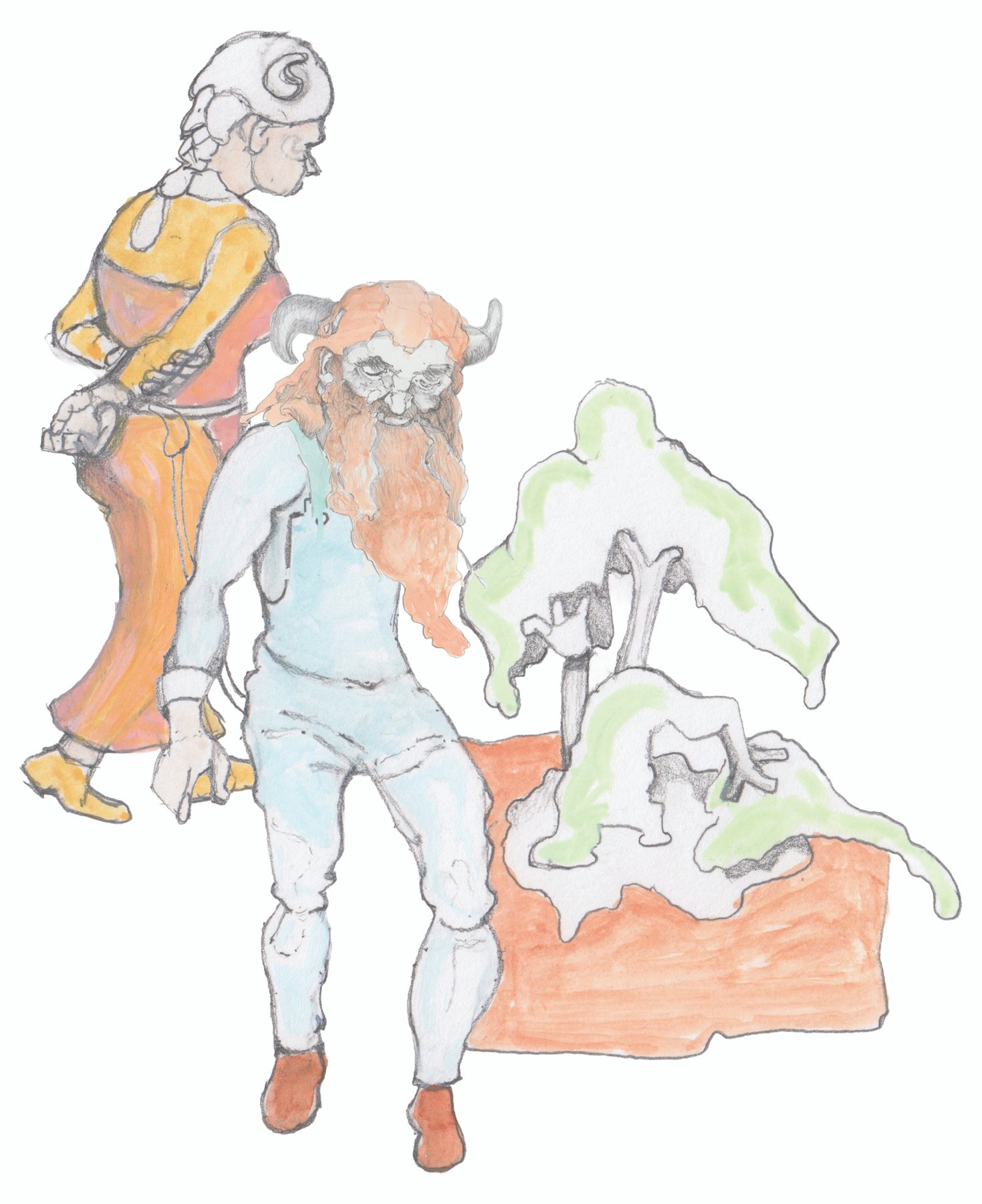 Gramp walking and Grams neaking behind him with a bonai pine tree next to him.