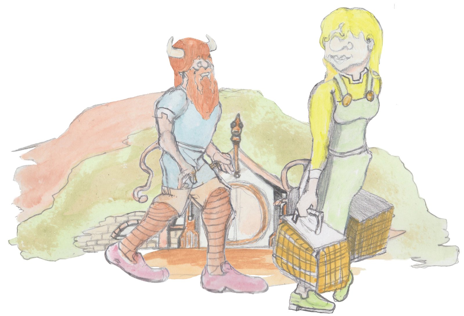 Hulton following Helgi who is carrying picnic baskets.