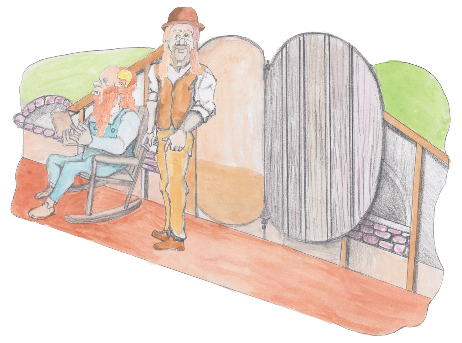 Gramp rocking reading a book on the porch with Hulton tanding and miling next to him in front of the Troll's houe built into a hill with a round door open.