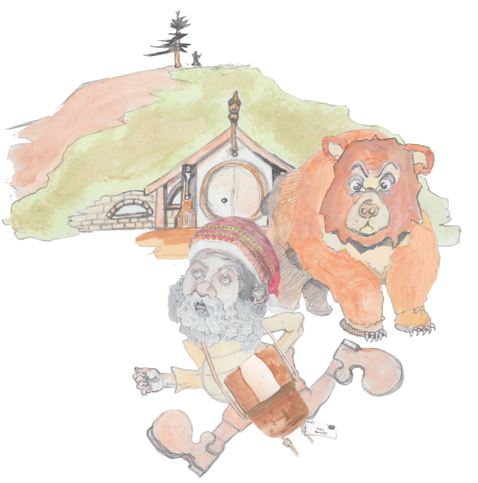 Bosco chasing the mailman who is dropping his letters out of the bag in front of Bjorn' jouse built ibnto the hill.