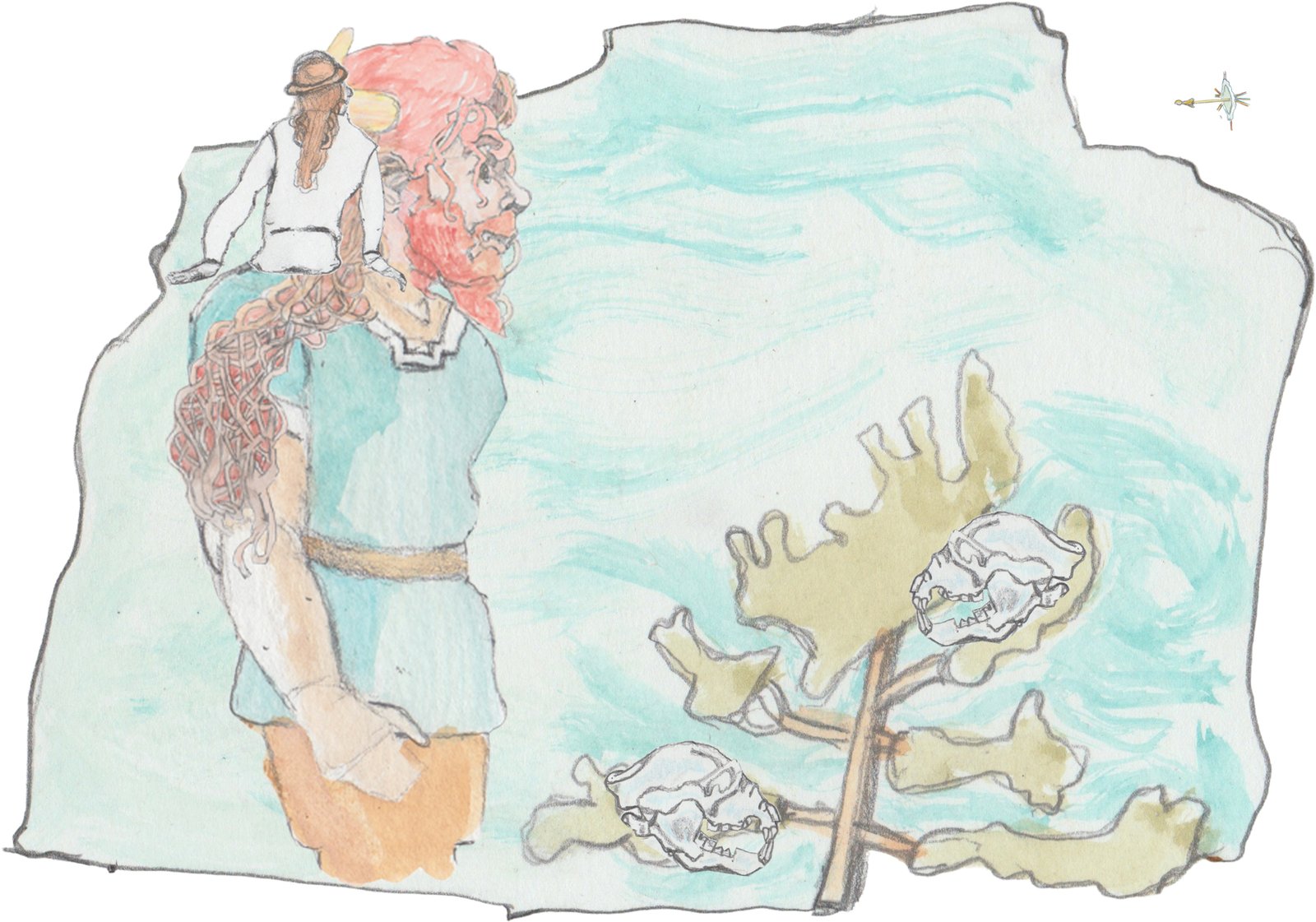 Bjorn taller than the pine tree with two bear skulls in it with a tiny dart appearing from another dimension with Hulton on his shoulder.