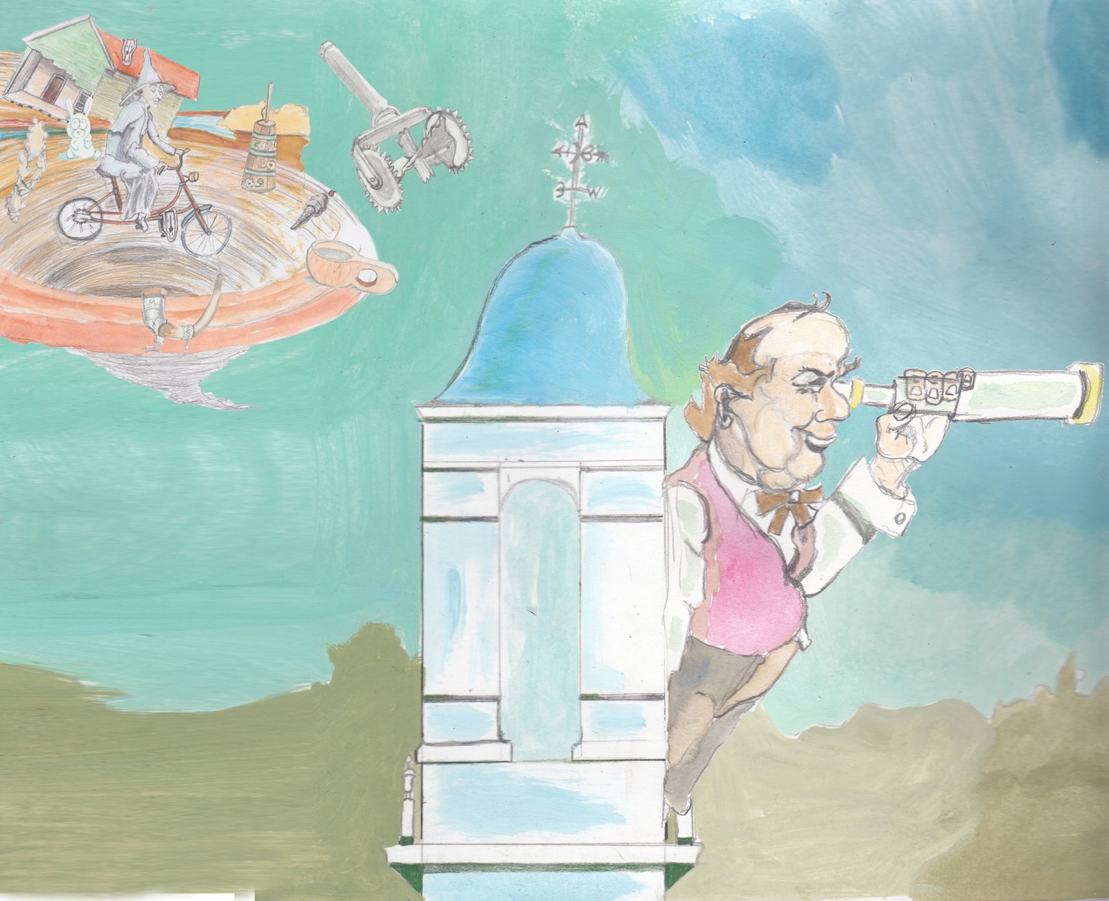 William Jennings Bryan looking through a telescope in the tower of a church with a tornado brewing out of Oz behind him. He was the basis for the Cowardly Lion.