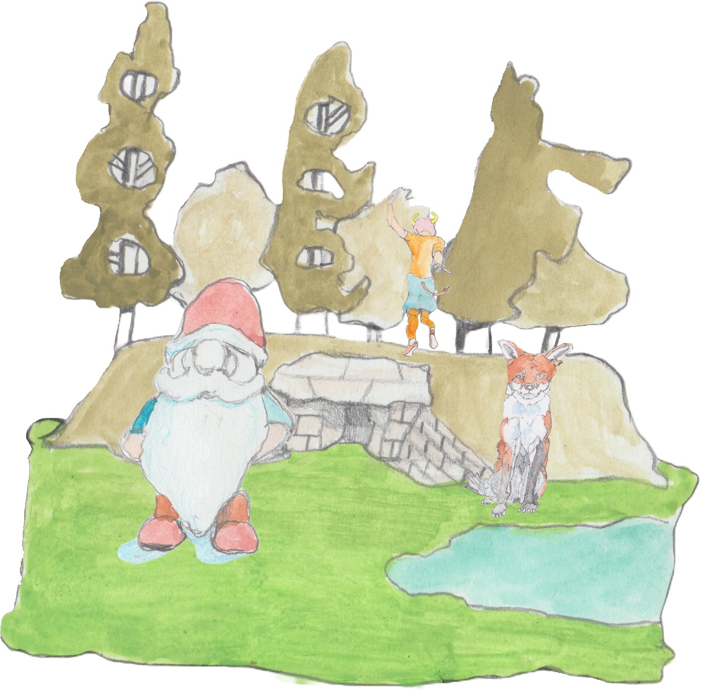 Variou Trolls outside of a barrow behind 21 Lakes.