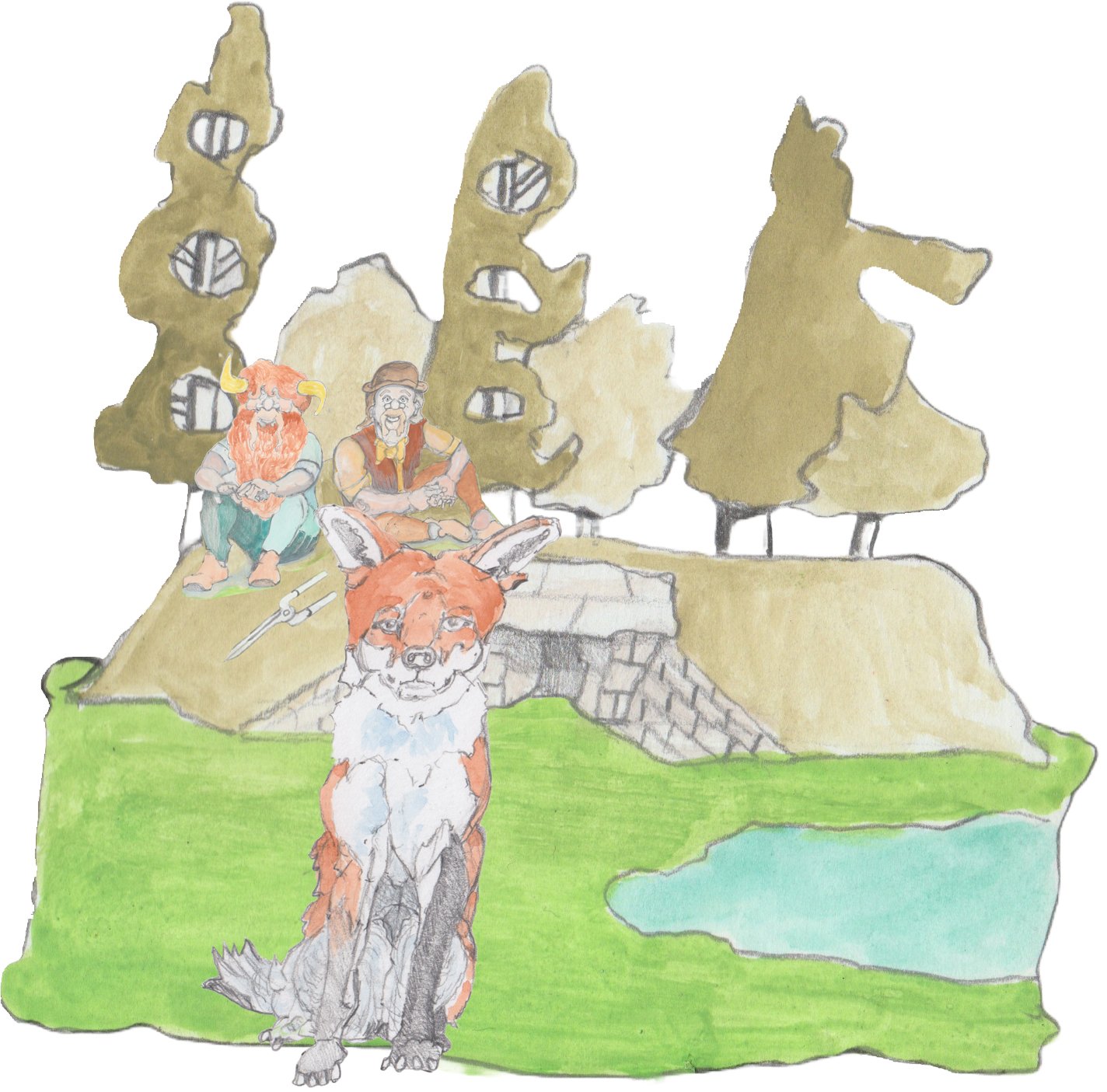 Sitting fox in front of lake with our friends still siting on top of burial mound.