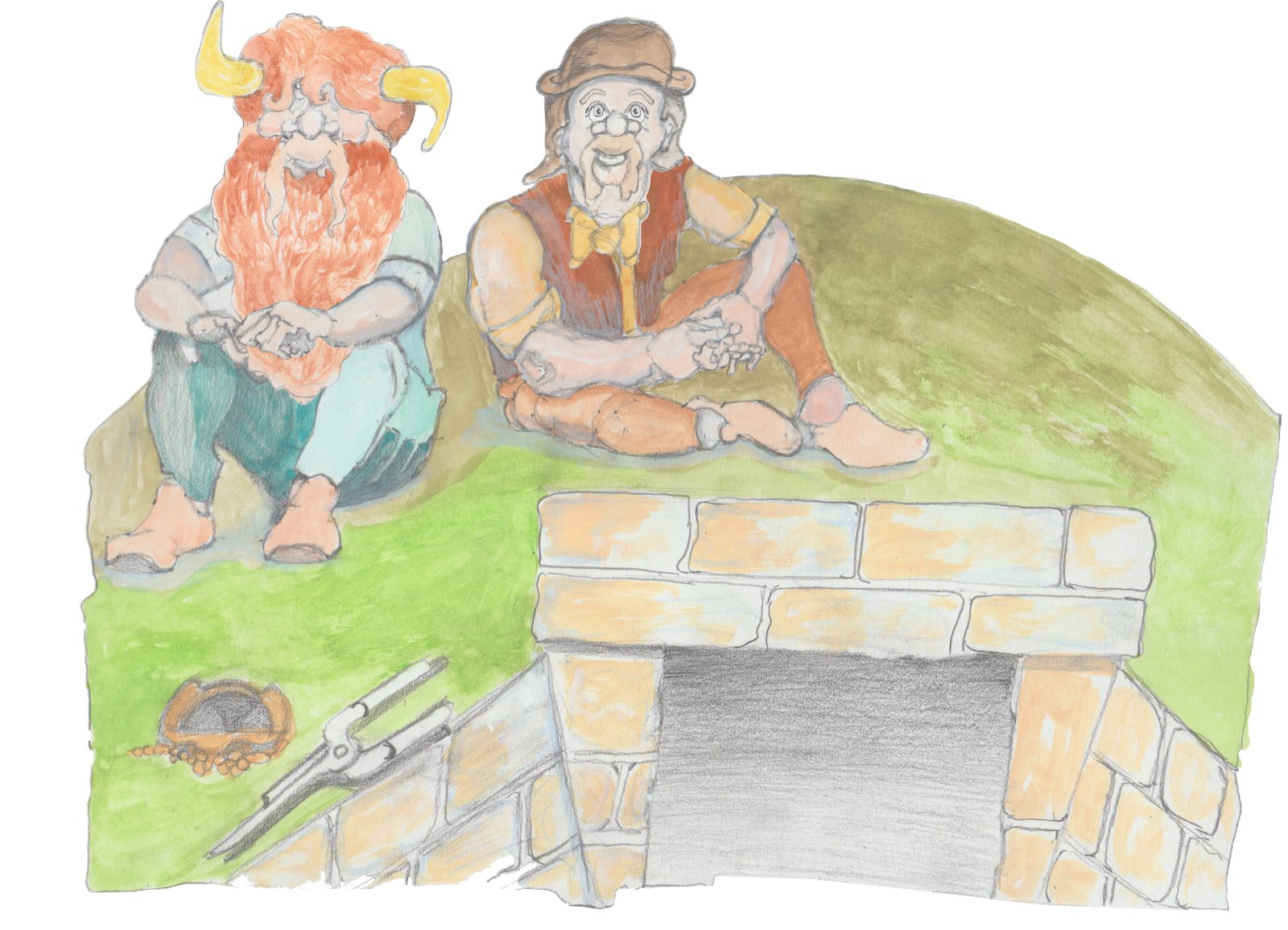 Gramp and Hulton sitting on mound with the Howe entrance below them and the shears sitting by entrance by the fox den.