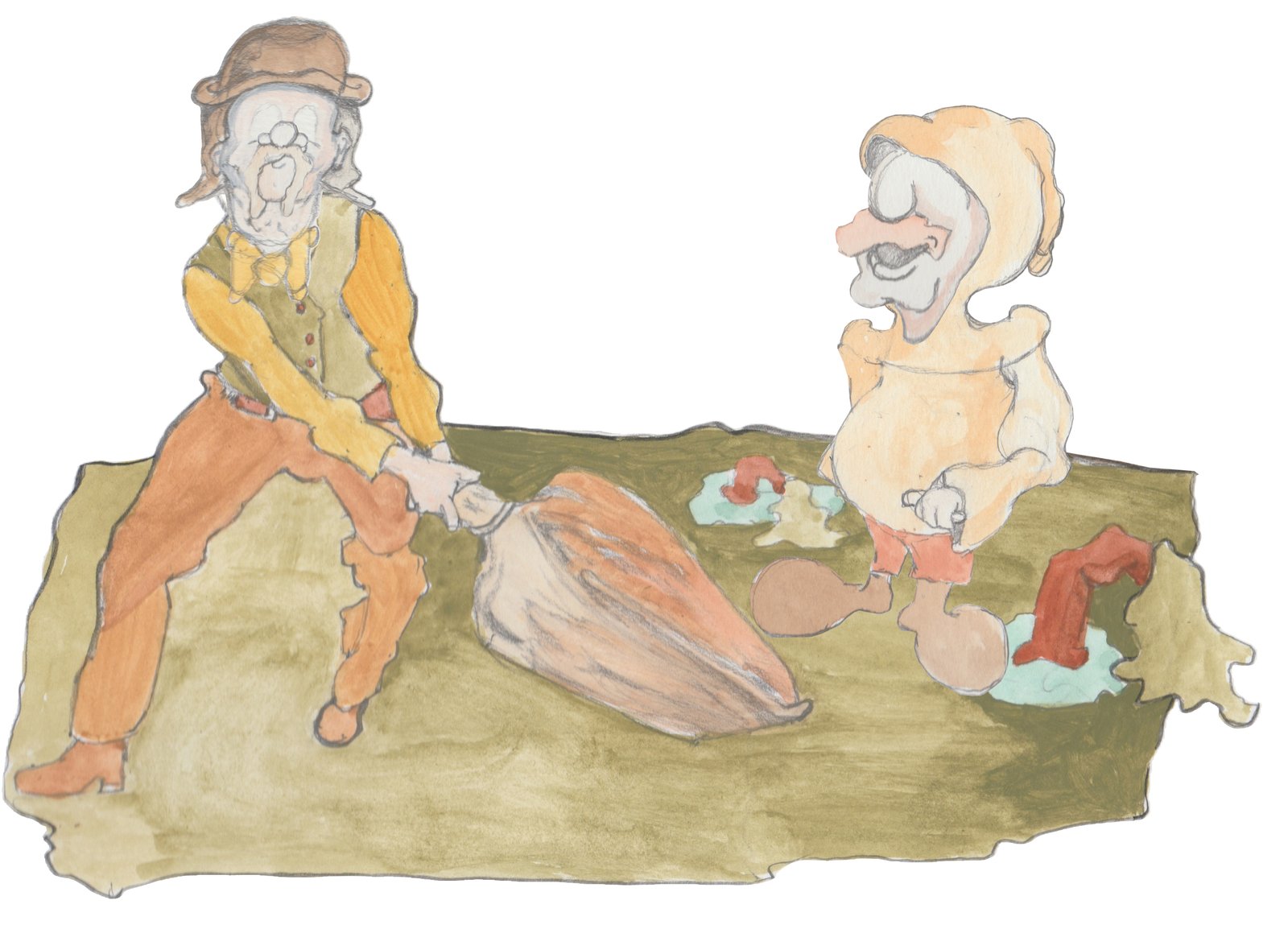 Hulon dragging Karl' bag of gold while he watches.