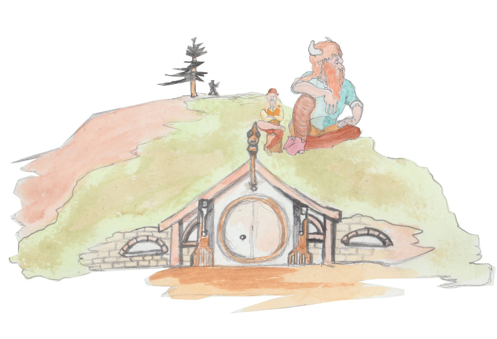 Bjorn and Hulton sitting on top of the Troll house that is built into a hill.