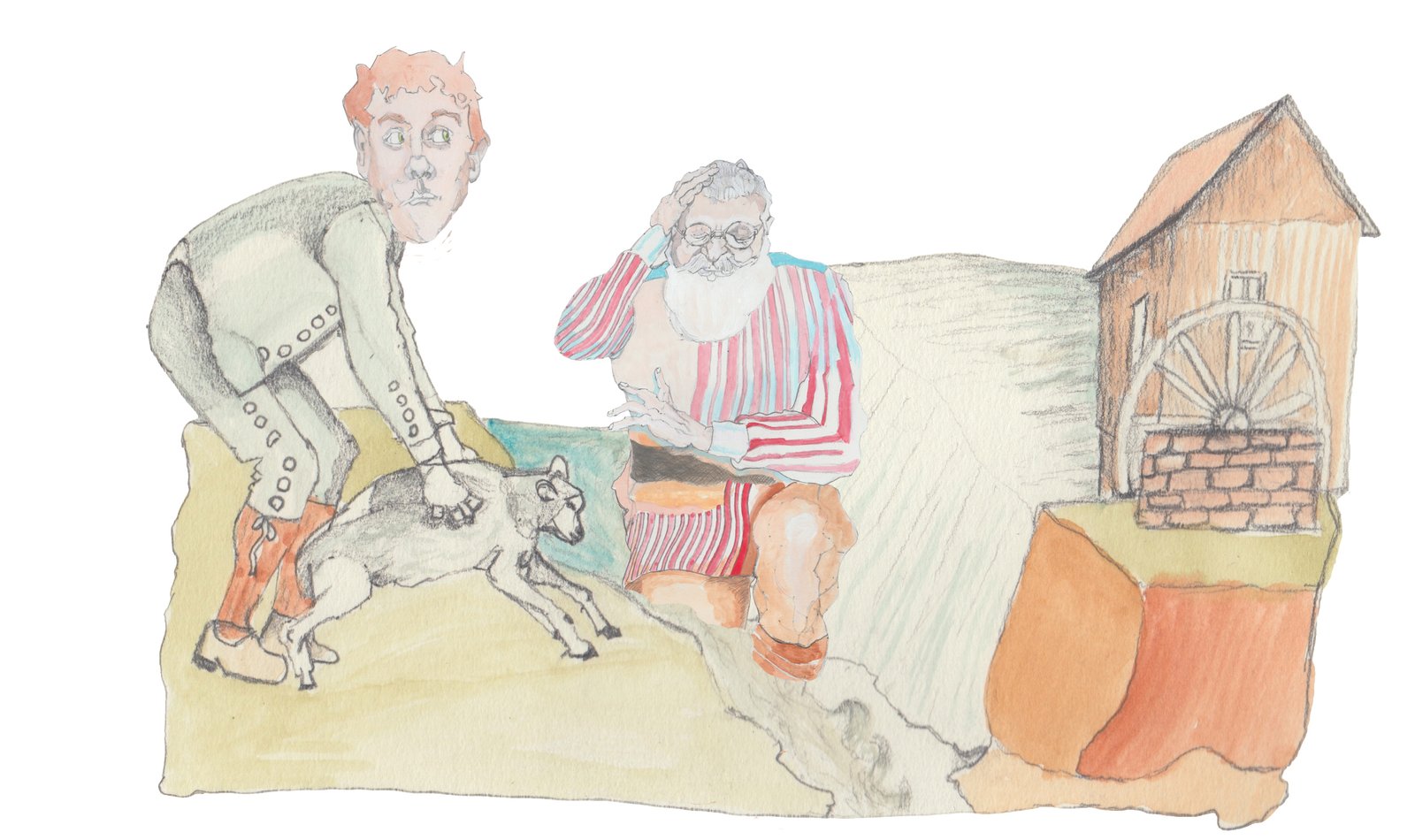 Sammy Buck giving Fossegrim the lamb as the troll came out of the falls with a gristmill behind him.