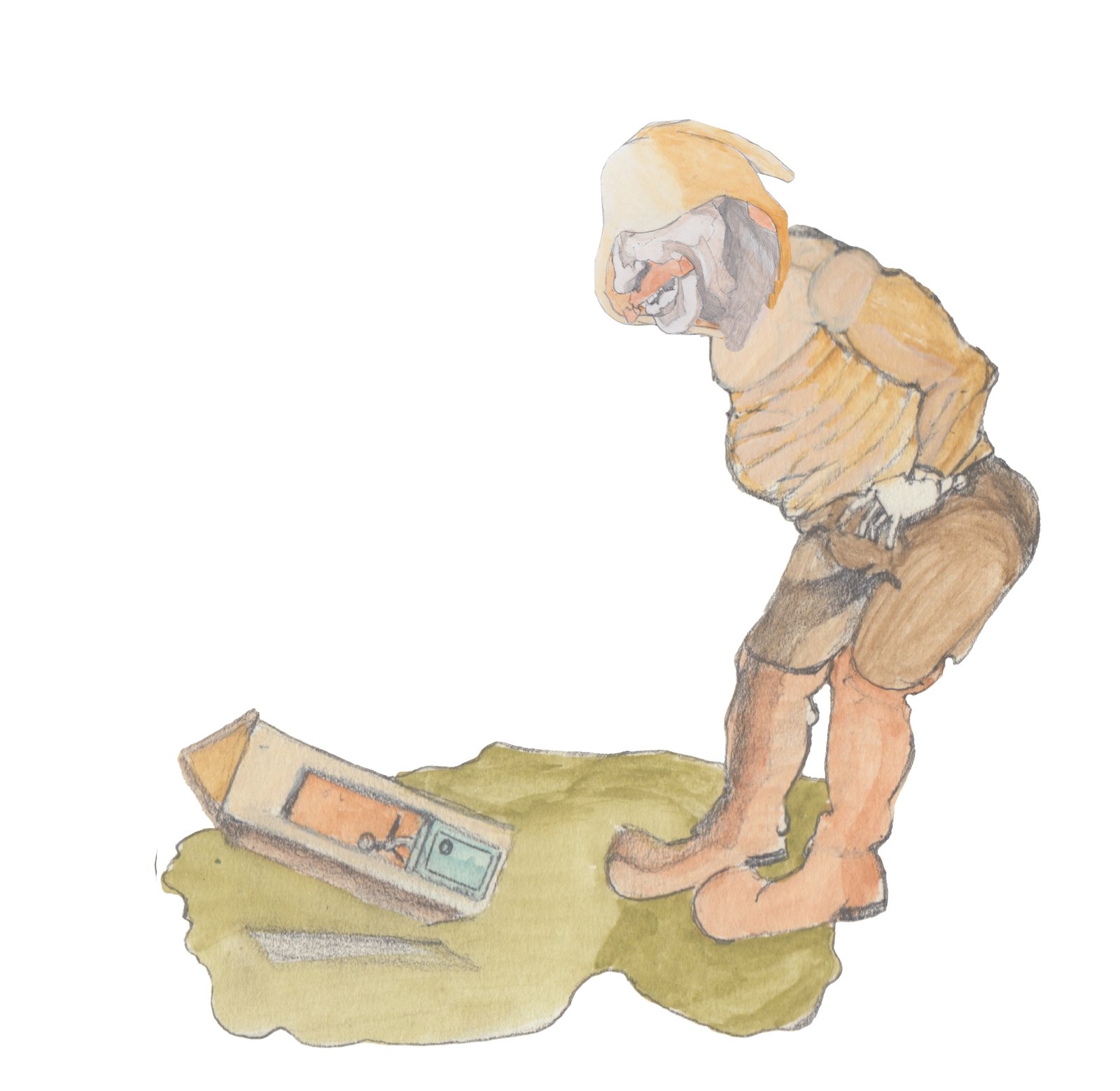 Karl looking down a a giant at the toll houe he knocked over with his hands on his hips.