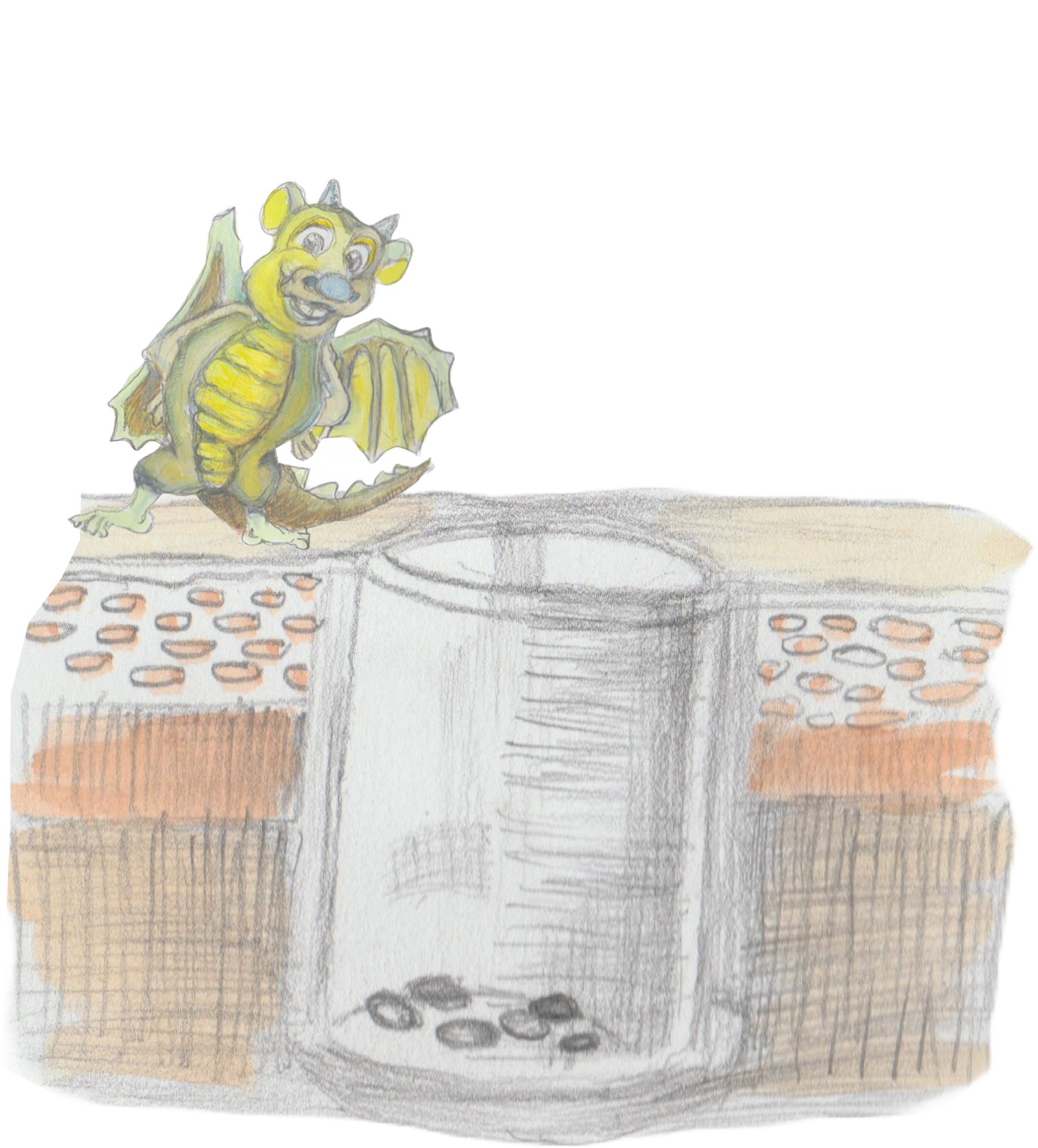 A Dragon looking into a Troll trap with sunflowers inside.