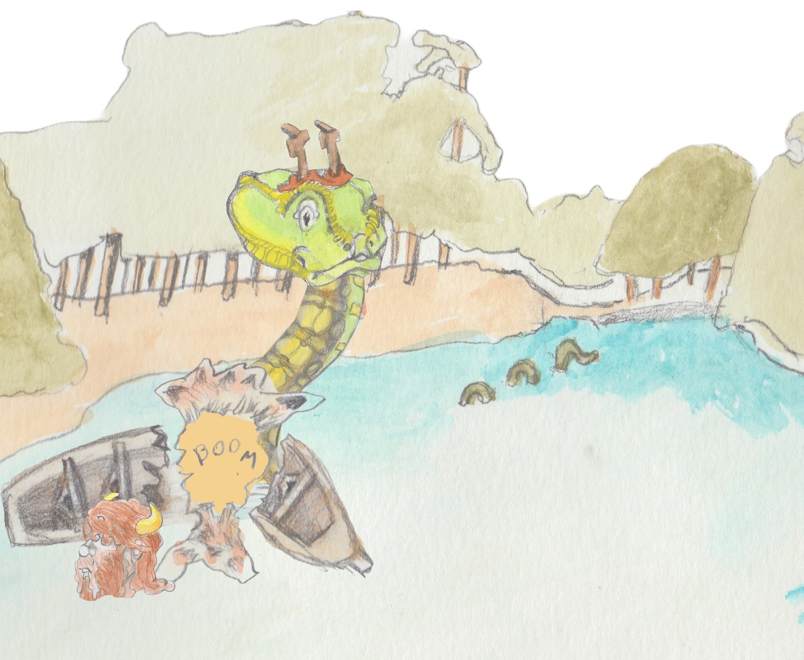 The Great Horned Serpent busting his boat with Bjorn swimming away.