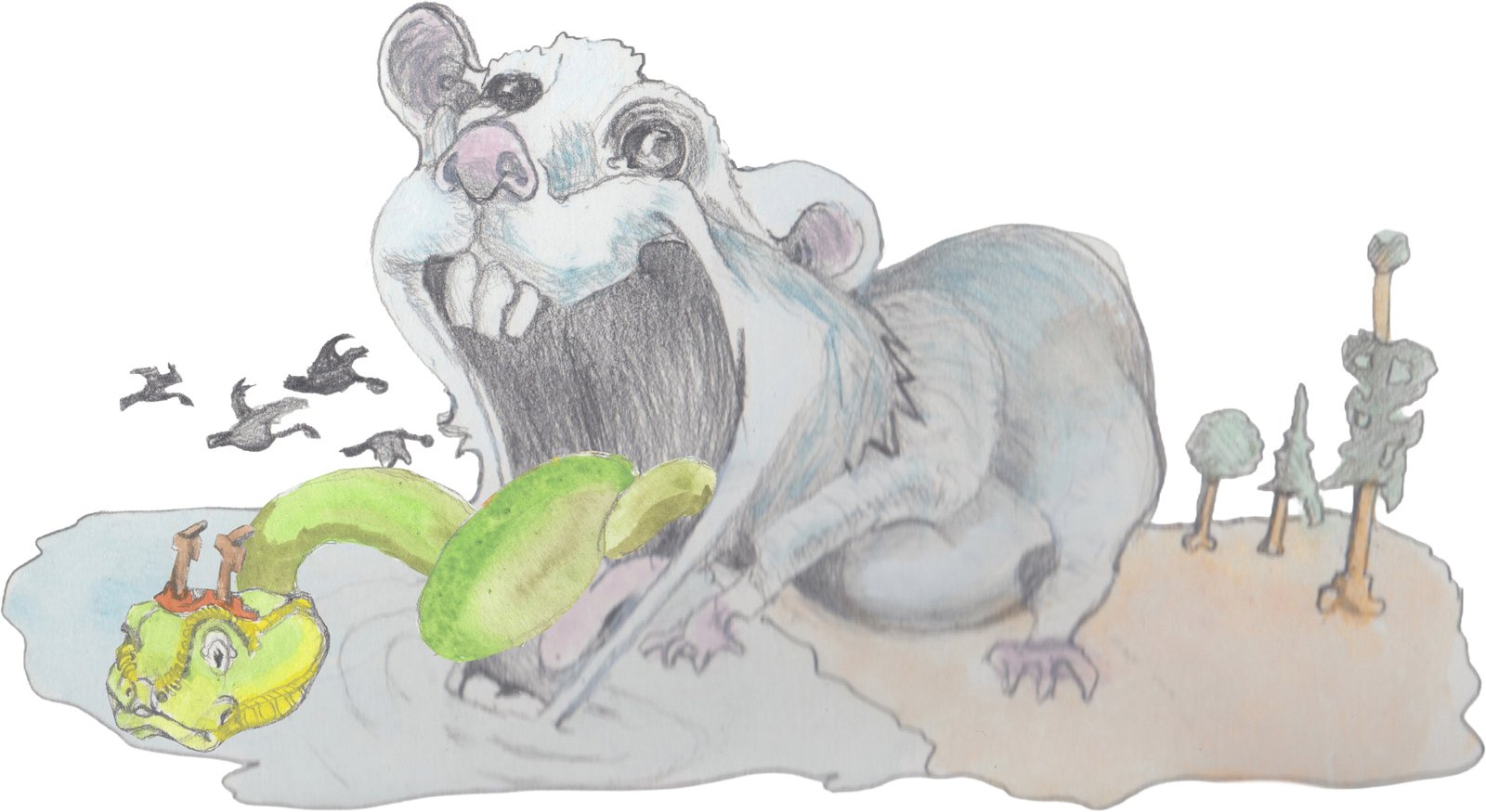 Giant mouse swallowing the serpent along with a flock of geese.