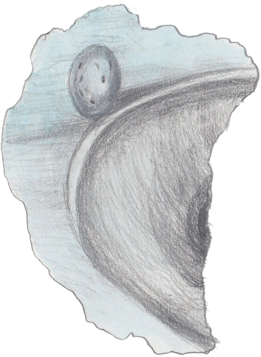 A Robin's egg balanced at the bottom of the pond on the edge of the mouth of a tunnel.