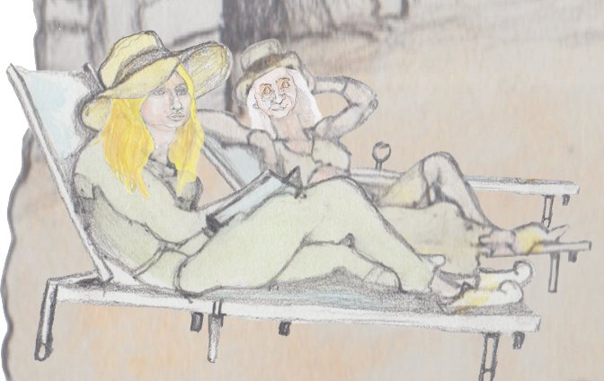Helgi and Grams in a close up in their chaise lounges on the beach.
