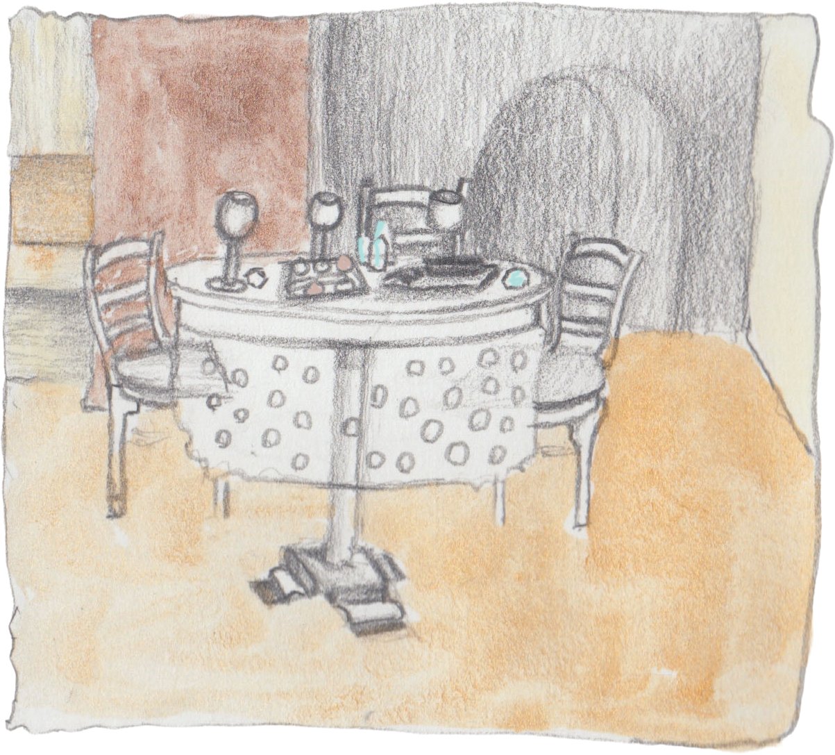 Table set in the opening of the mine with alcove behind it..