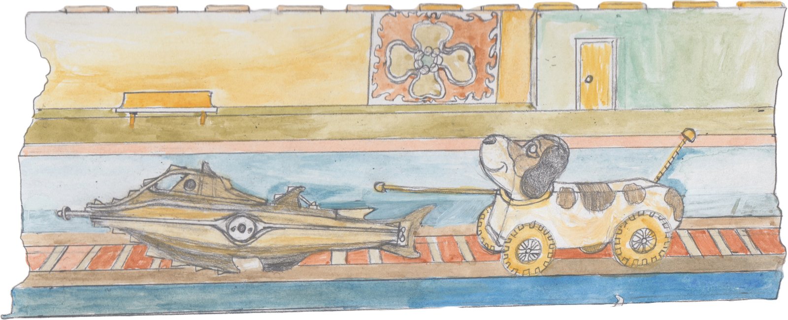 Submarine on a subway track being chased by a toy beagle on a string.