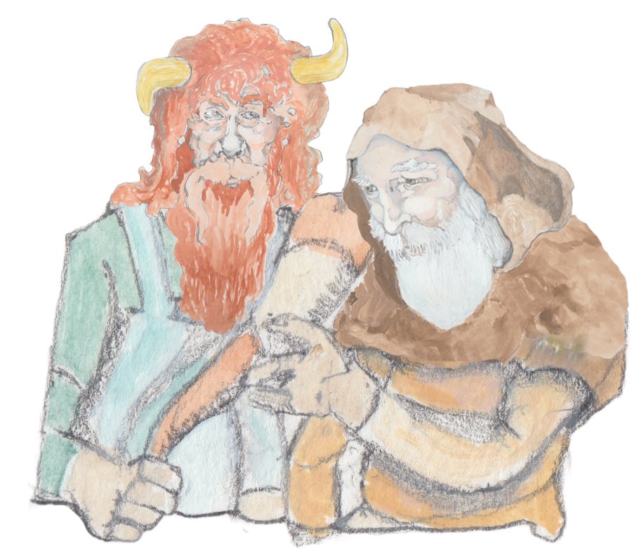 Gramps offering the Woodman a horn of mead.