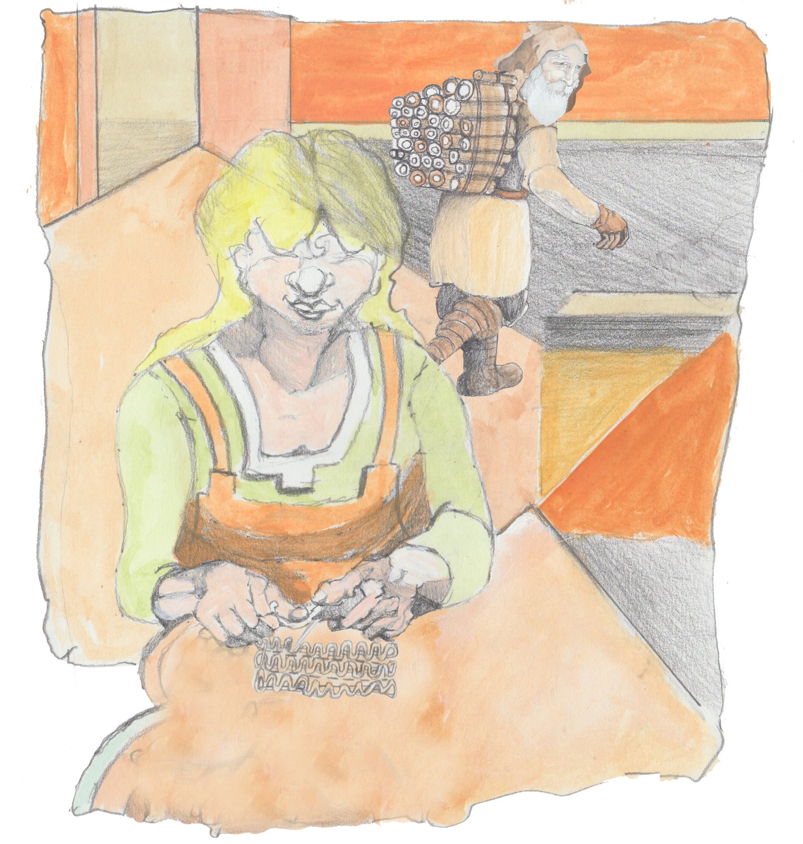 Helgi knitting in the kitchen while the Woodman walks past with a faggot on his back.