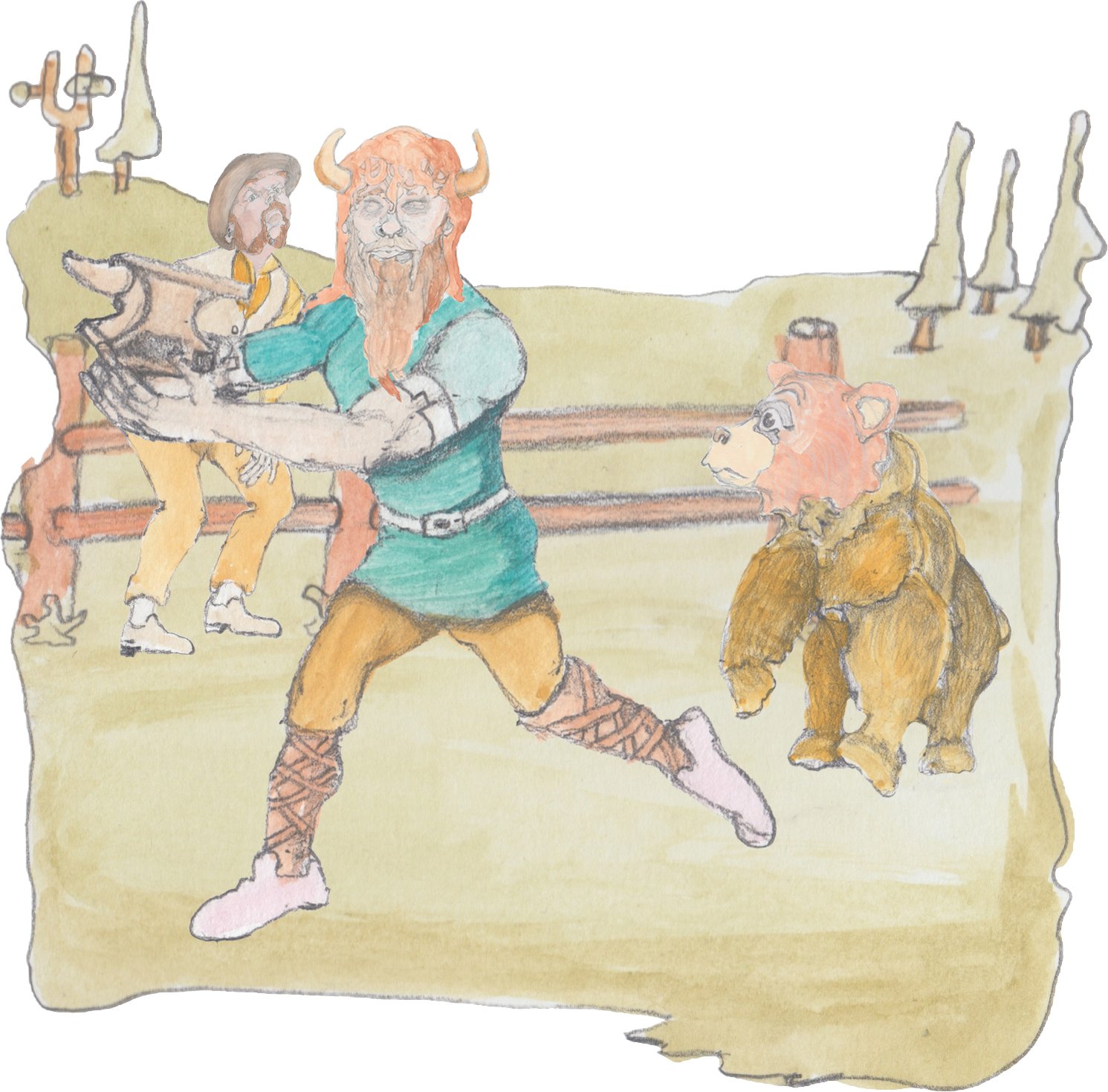 Bjorn toing an anvil while Boco runs off.