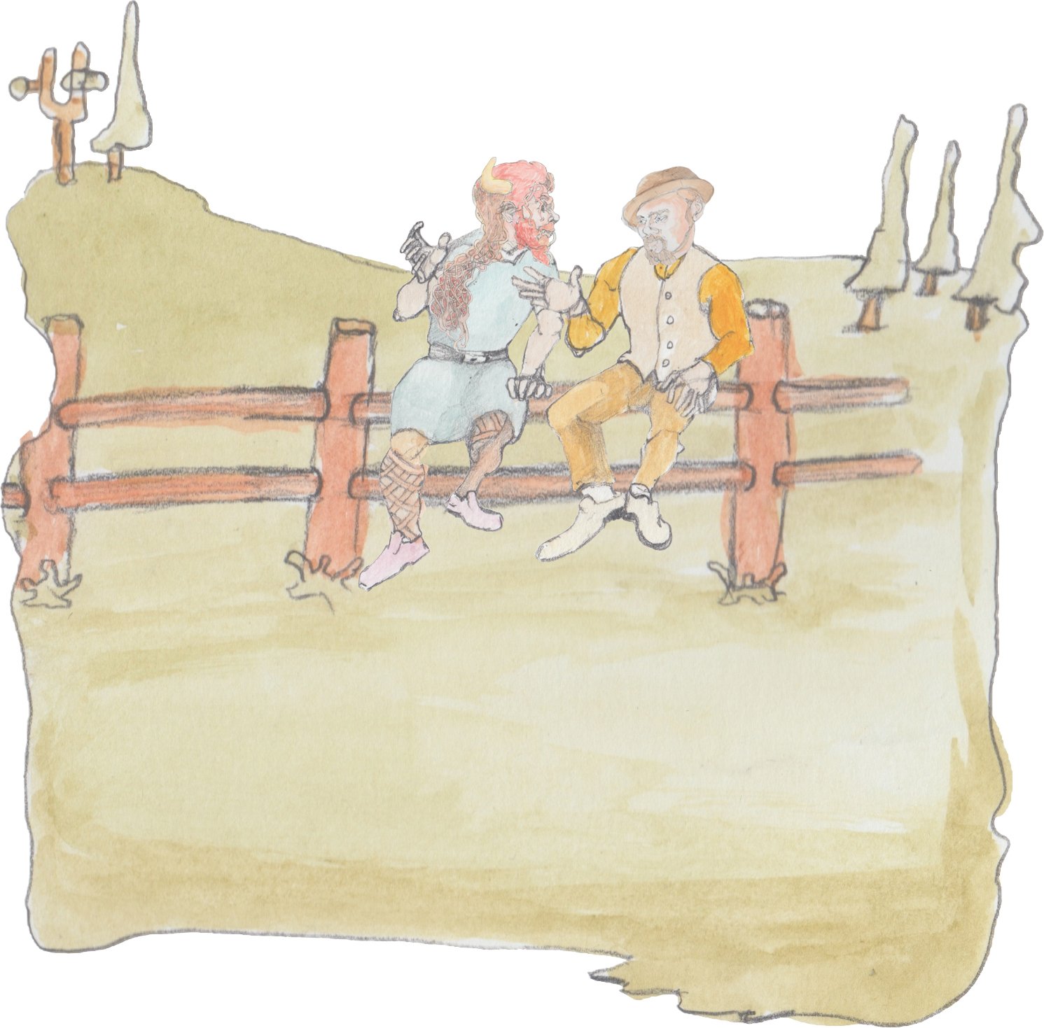 Bjorn and Hulton talking on a wooden fence.