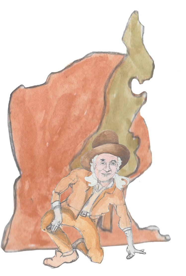 Sammy Buck on the bridge fiddling in front of the devil with his back to him as the devil plays too.