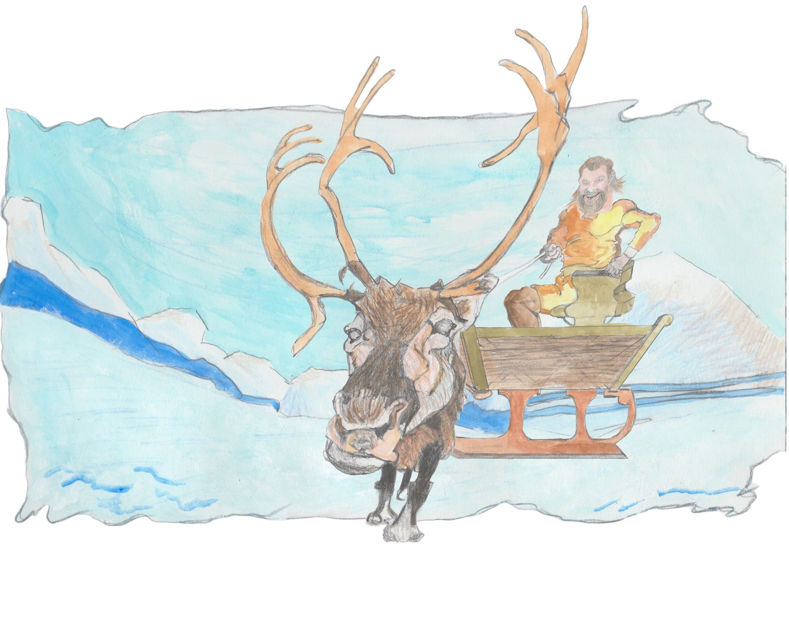 Bruni in sled pulled by a reindeer.