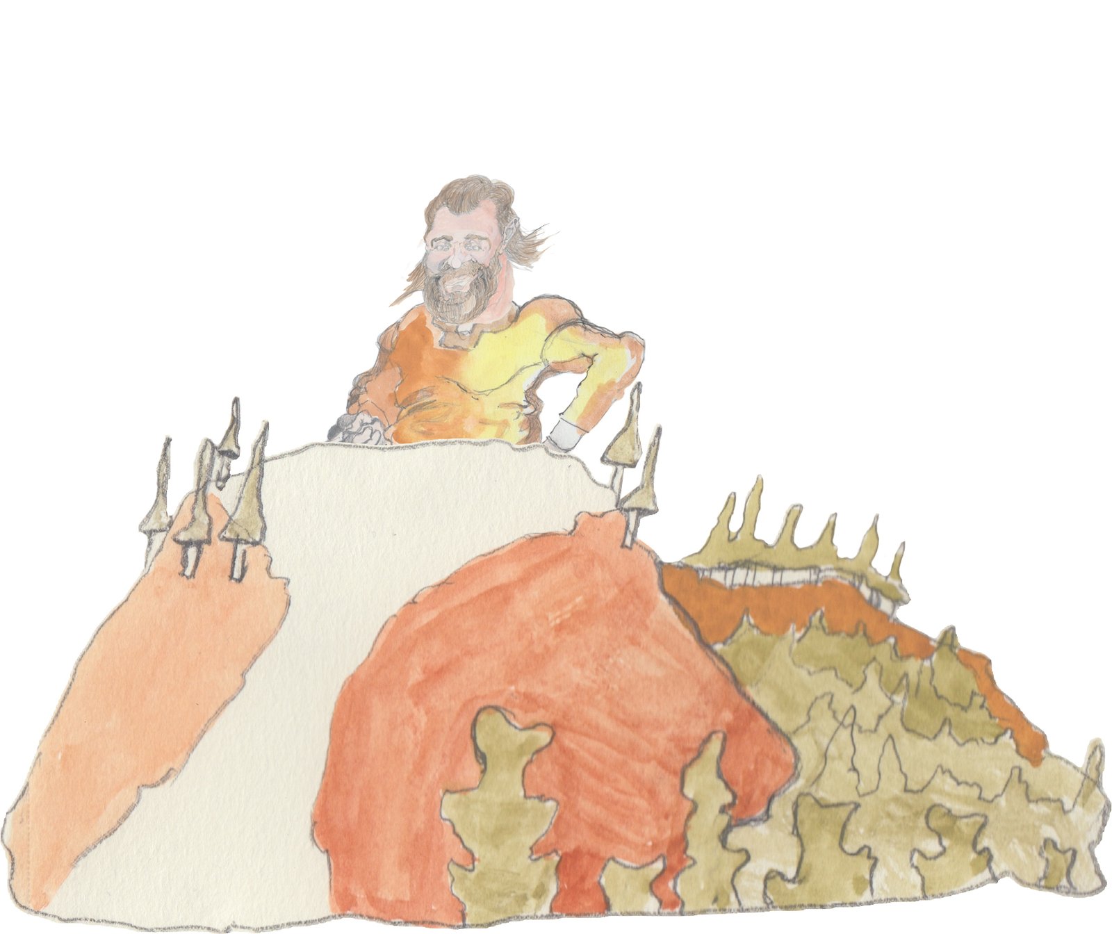 Bruni, a giant hovering over a hill smiling.