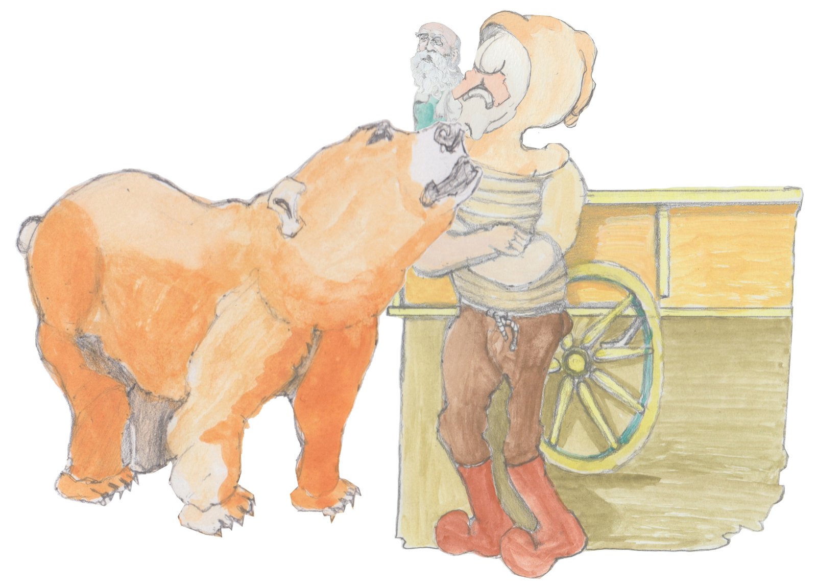 Bosco growlingin Karl's face as he stands next to the wagon.