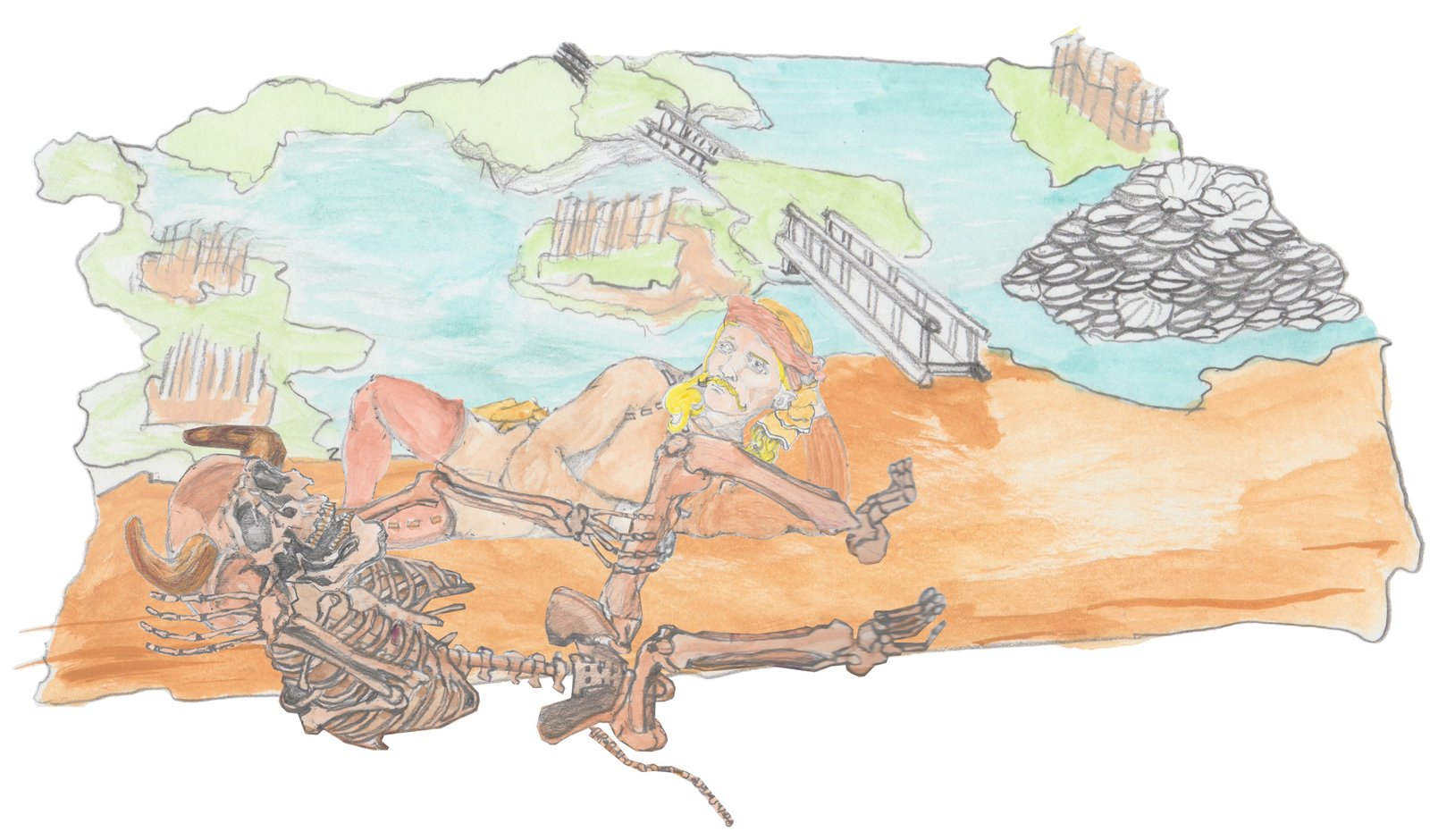 Archeologit laying on his side behind the skeleton of a giant on the shore off a salt marsh with a row of bridges in the distance.