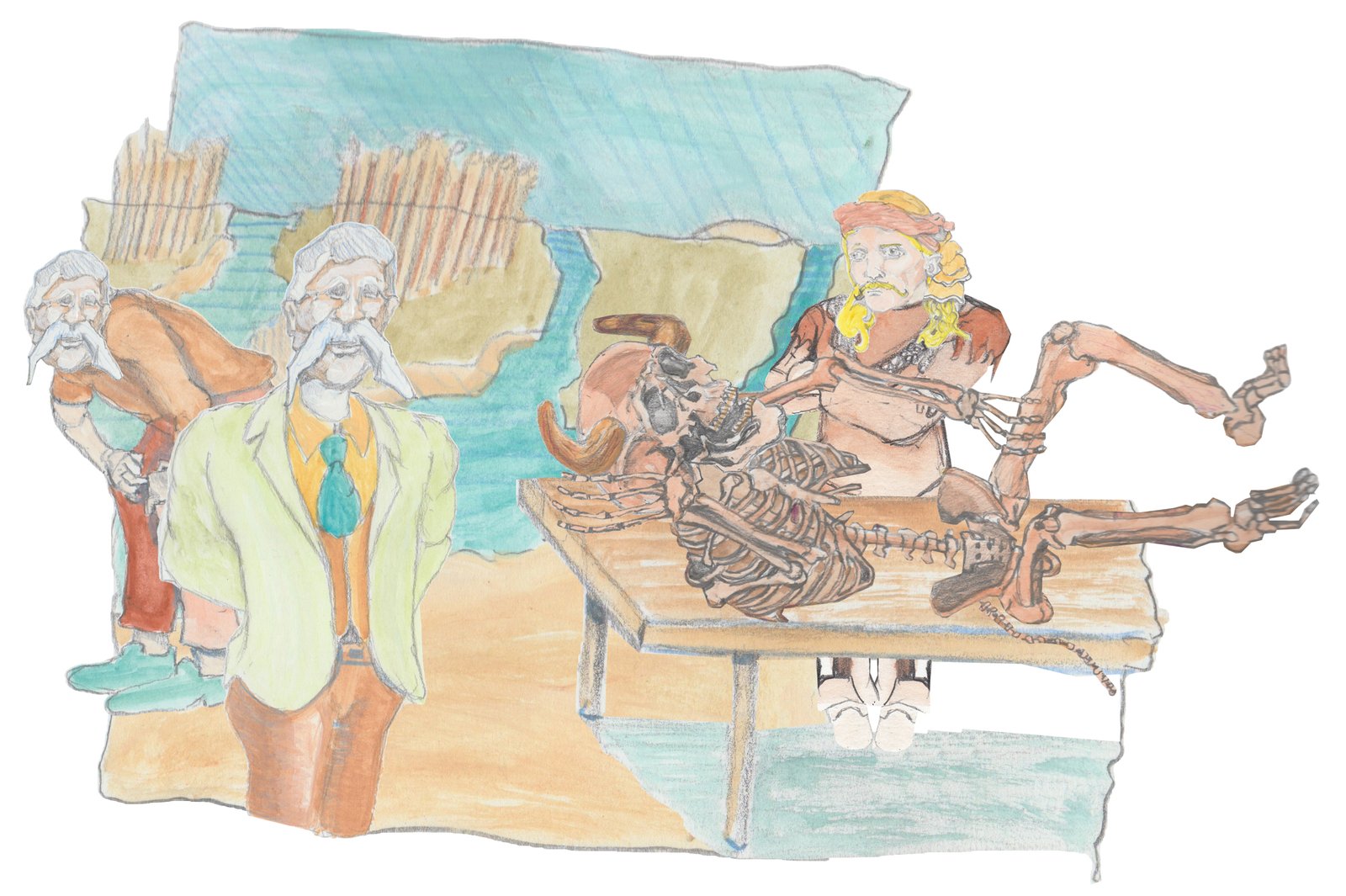 Twins who found giant to the left of giant on table with archeologit behind him with alt marh in the distance.