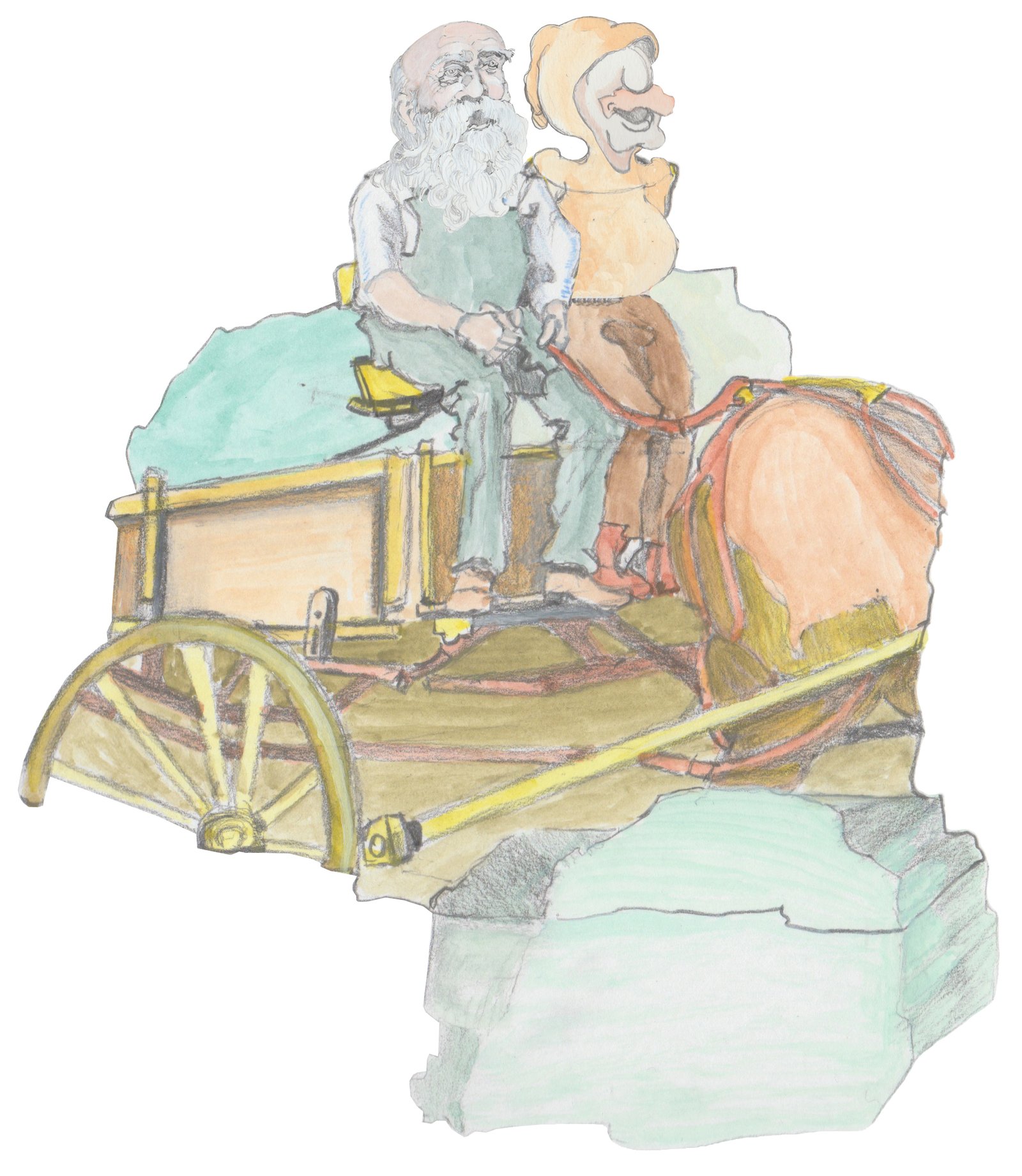 John Bowker Sr. and Karl in a wagon passing a boulder.