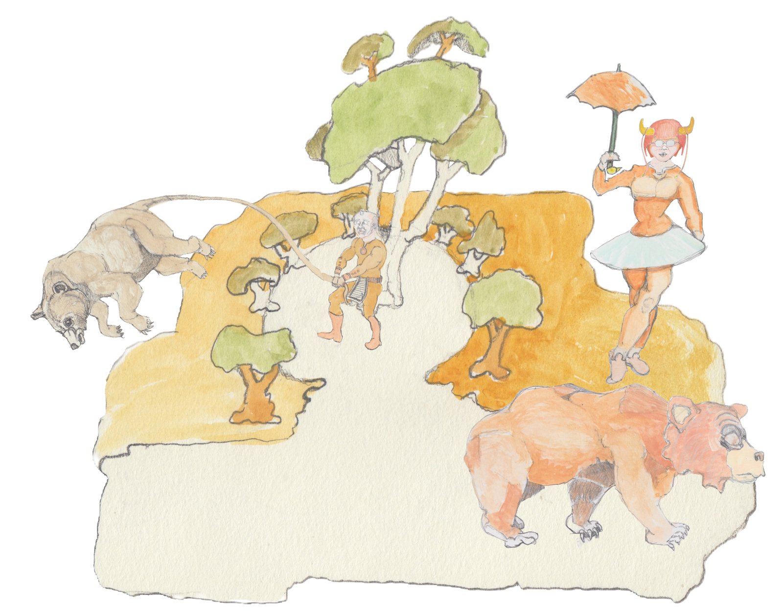 Pops Pop is toing a bear into the ky by its tail as Angrboda drifts up holding her parisal as Bosco walks by.