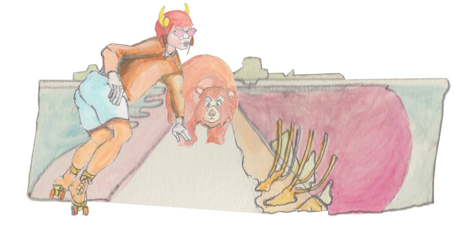 Angrboda skate down a road in between the cranberry bogs at Whitebog a Bosco follows her.