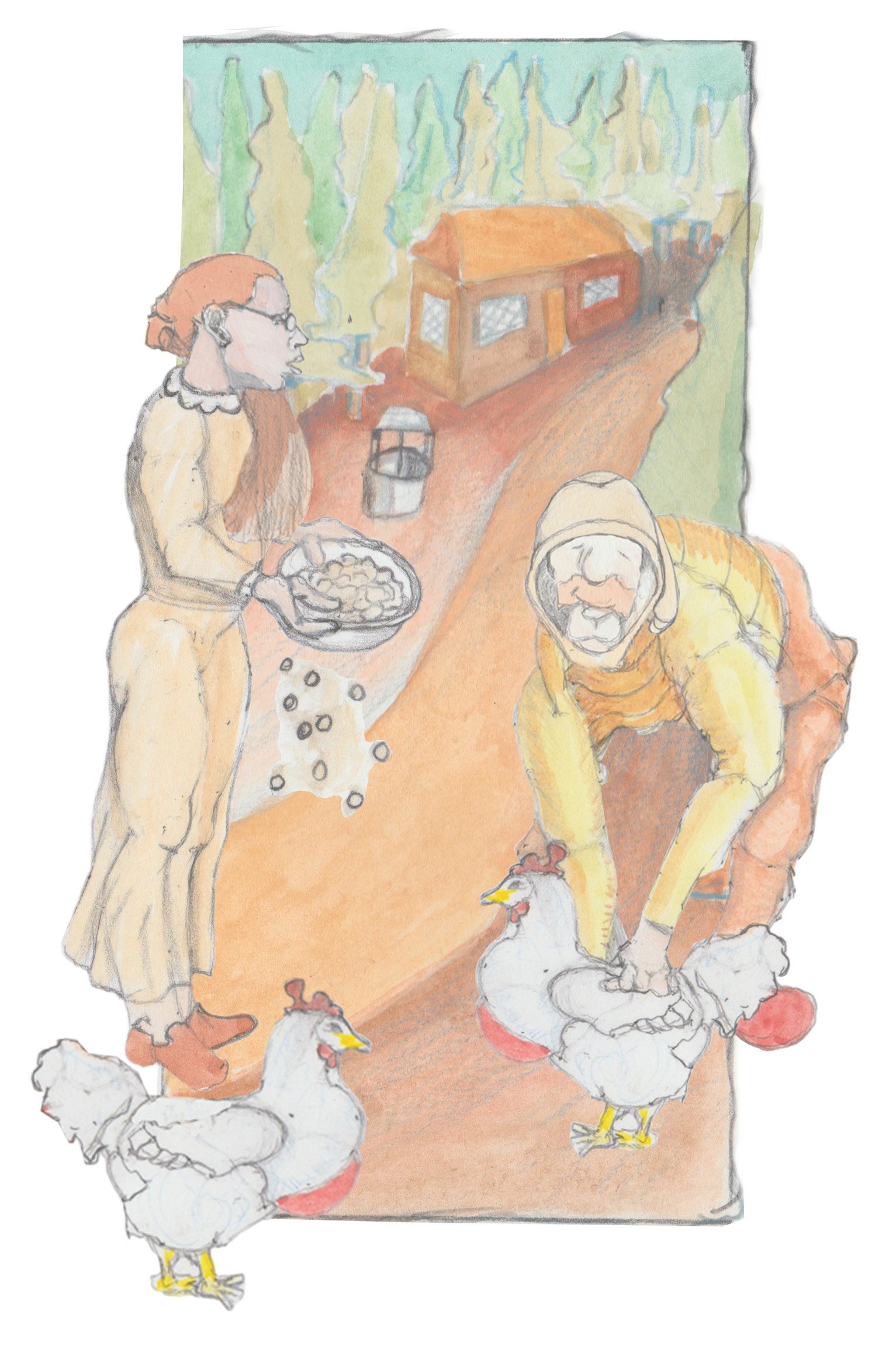 Peggy Clevenger is feeding her chicken with Karl trying to snatch one, now back in a more realistic form.