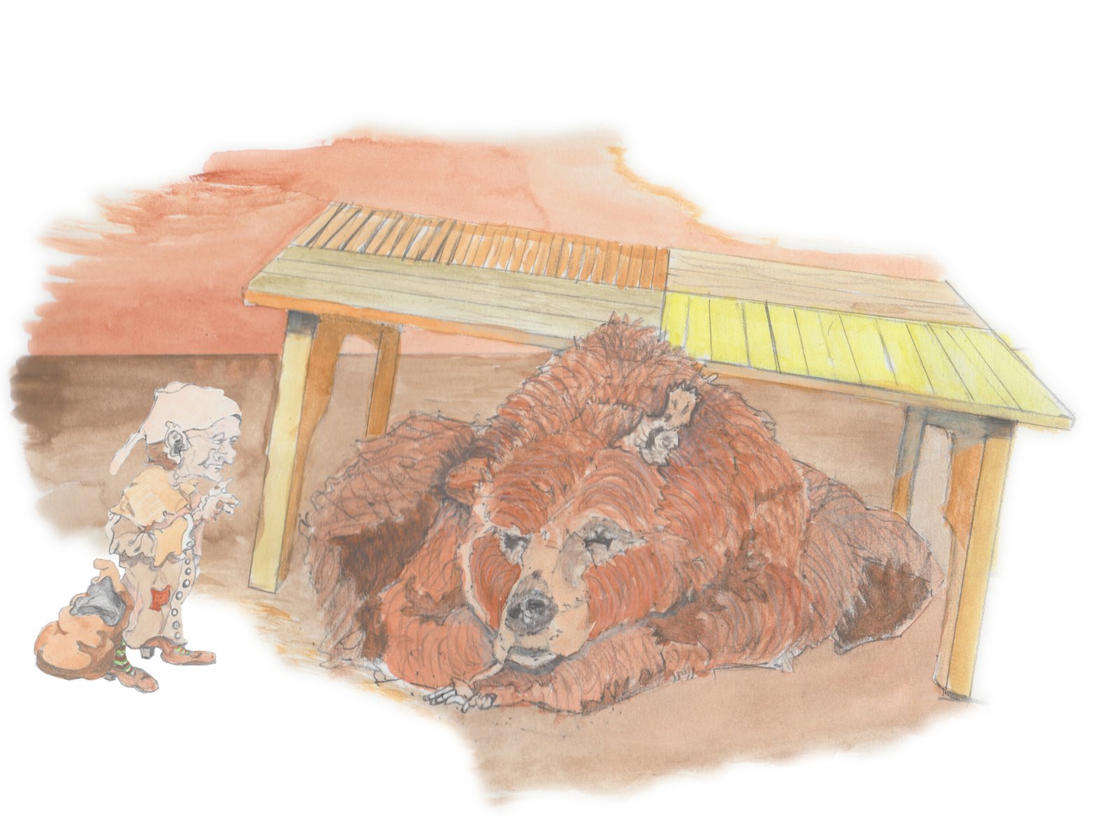 Goblin looking at giant cat under table,; which is really a bear.