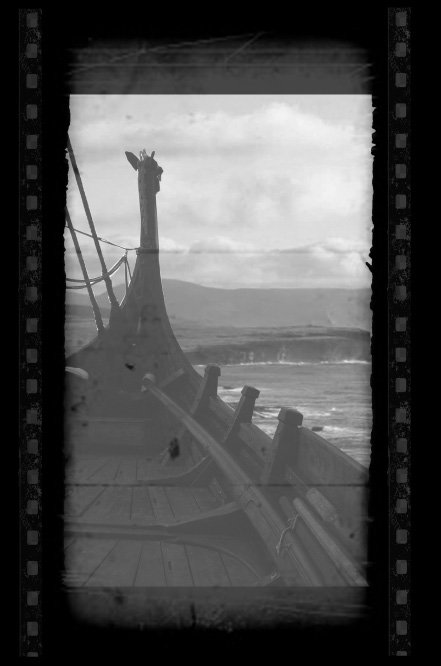 Viking ship sailing by coast overlooking dragon head from inside